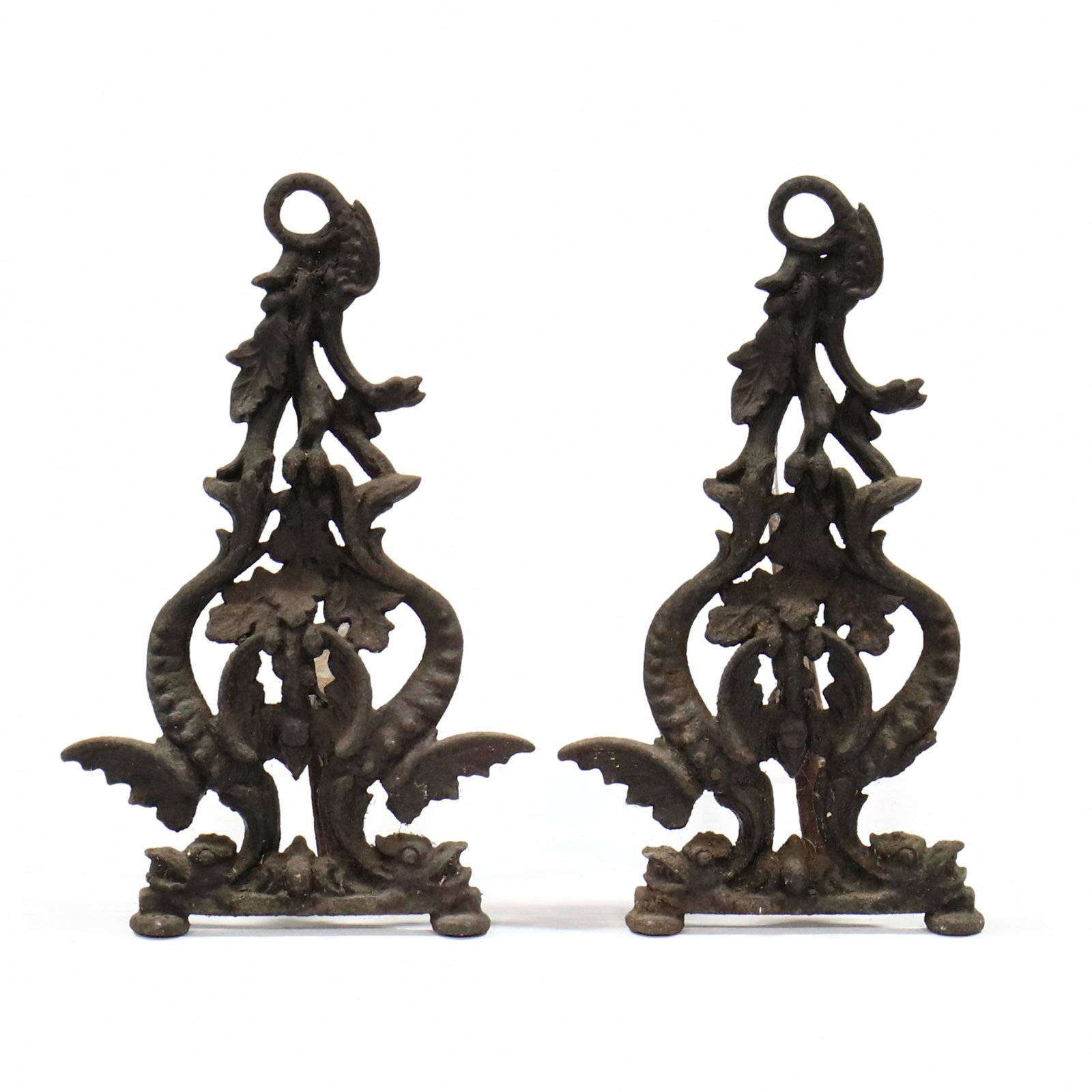 Pair of Antique Continental Andirons: Pair of Antique Continental Andirons 19th century, black painted iron, ornately decorated with dragons and acorns. 21 x 14 x 18 in. Additional high-resolution photos are available at LelandLittle.com