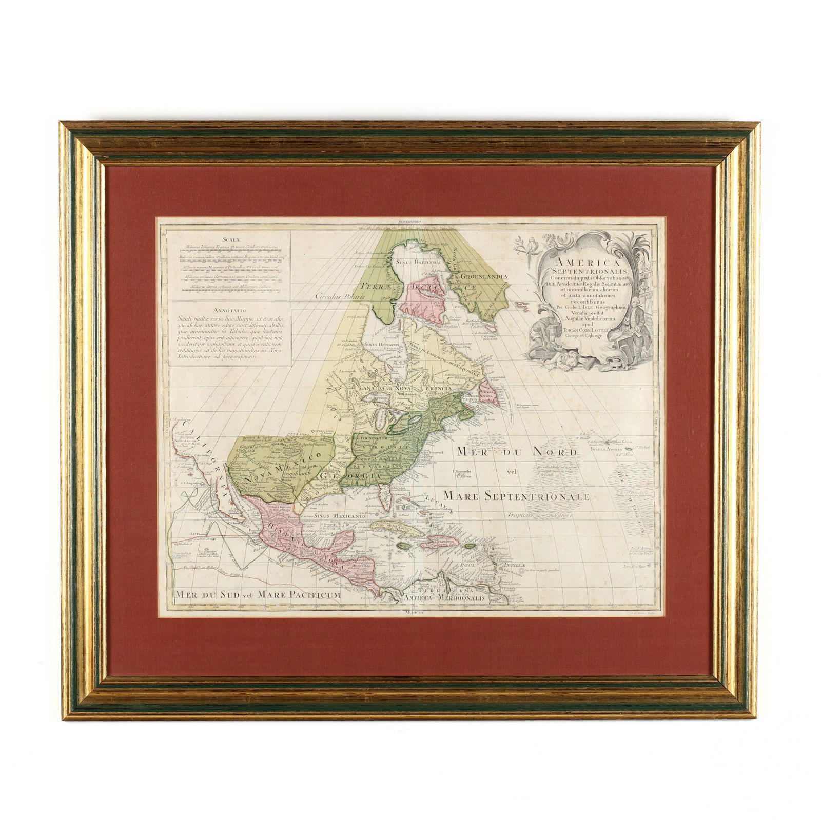 Lotter, Tobias, Conrad. America Septentrionalis...: Lotter, Tobias, Conrad. America Septentrionalis...(Augsburg, 1760), after Guillaume de l'Isle, copperplate engraving with hand coloring, depicts North America and Central America giving equal attentio