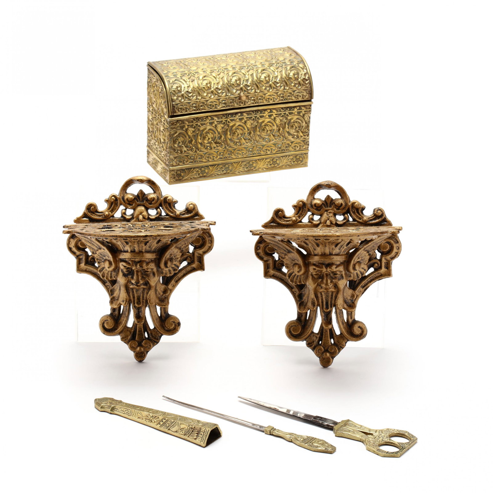 Pair of Iron Wall Brackets, Brass Letter Box and Opener: Pair of Iron Wall Brackets, Brass Letter Box and Opener Set including a pair of 20th century gilt iron figural bracket shelves, a circa 1900 repousse brass hinged lid letter box with divided interior,