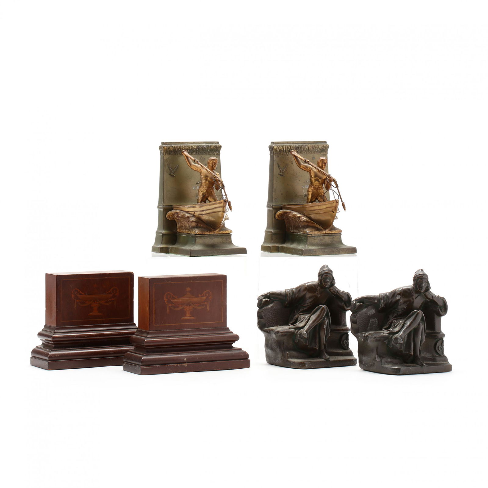 Three Pairs of Vintage Bookends: Three Pairs of Vintage Bookendsearly 20th century, including a pair of Moby Dick themed figural bookends by Jennings Brothers with quote "A Dead Whale or a Stove Boat," labeled; a pair of Edwardian in