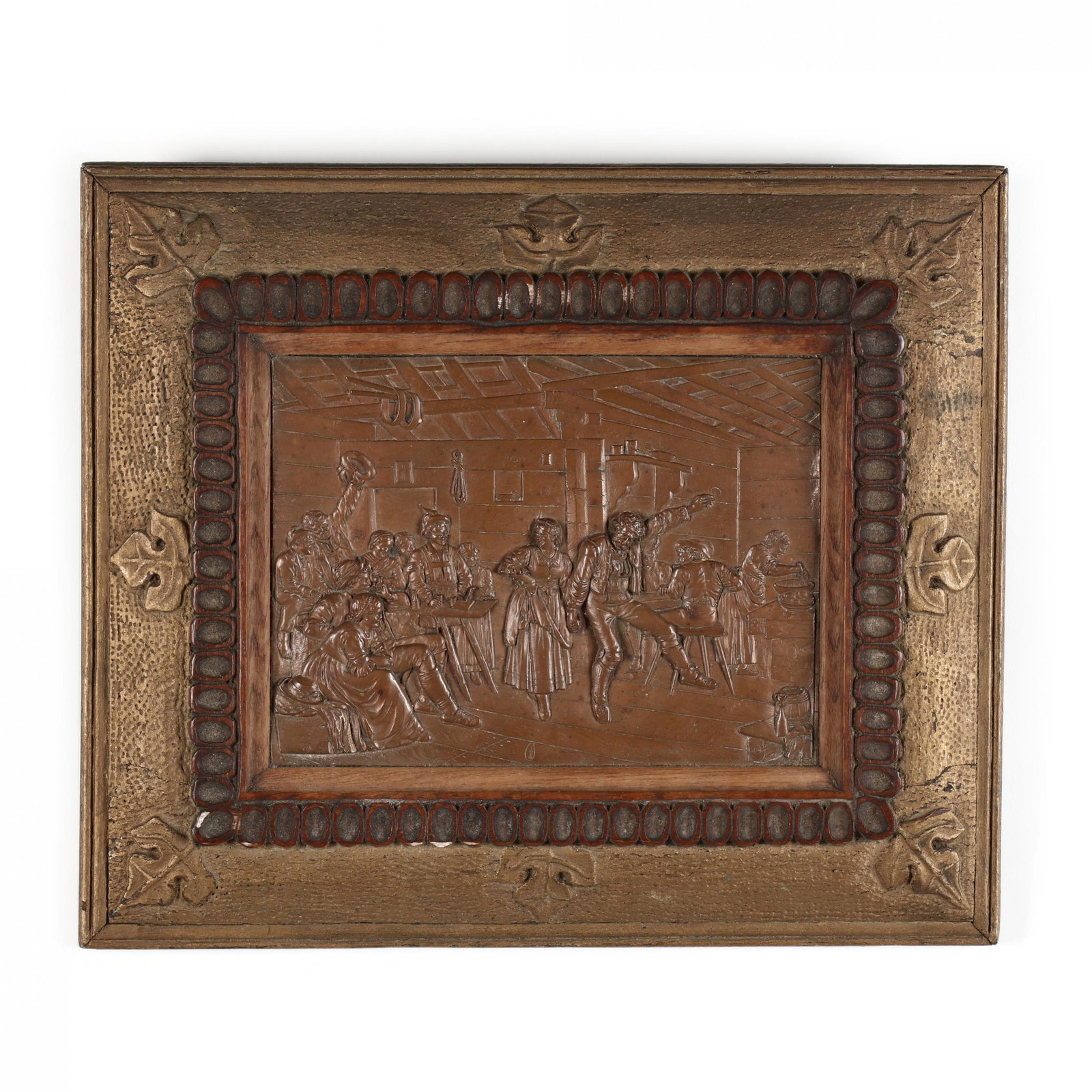 An Antique Copper Plaque of a Bavarian Tavern Scene: An Antique Copper Plaque of a Bavarian Tavern Scene the plaque is unmarked, presented in a custom carved and gold painted frame signed and dated "A. C. Herbert / 1897" on the verso. DOA 11.25 x 13.25 