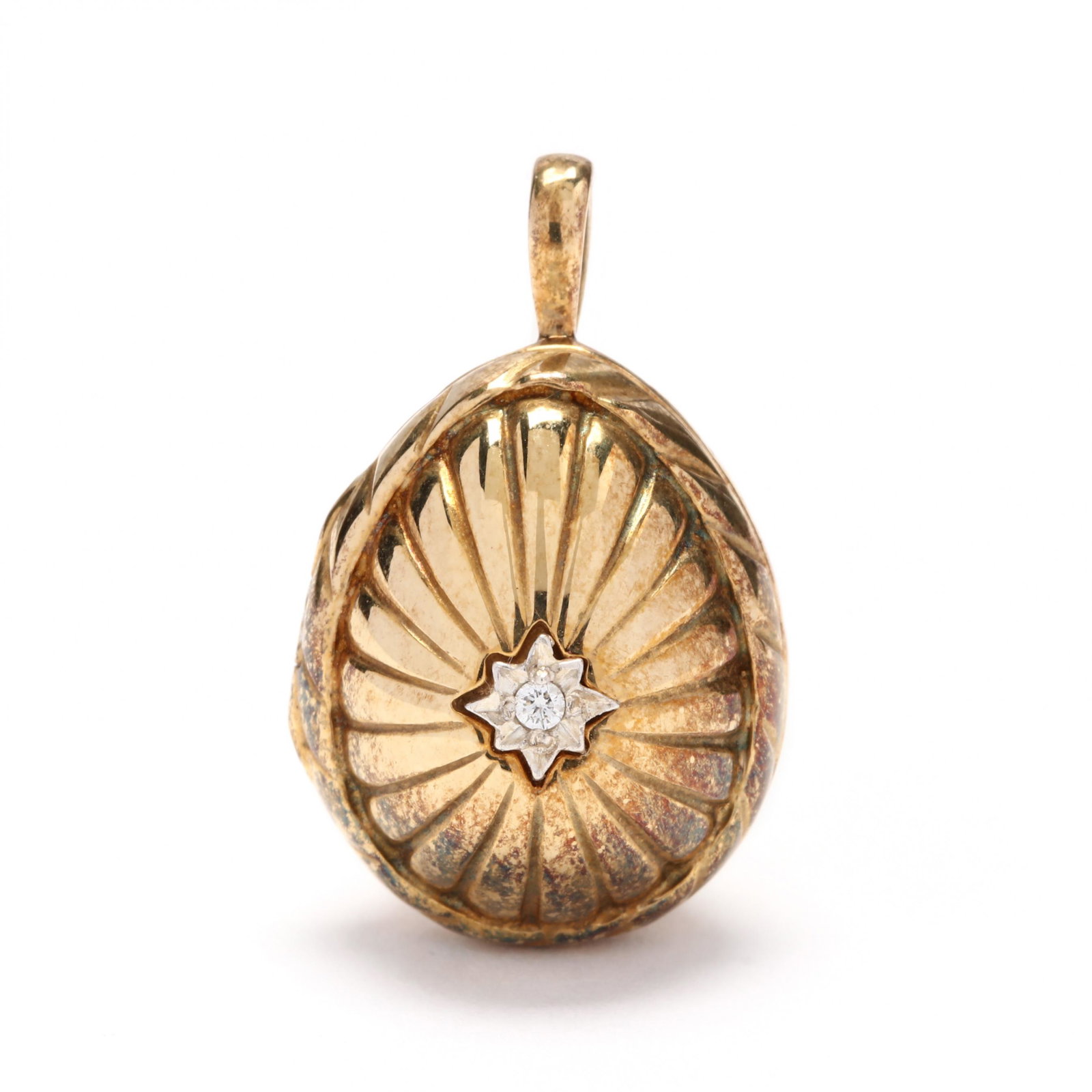 Diamond Set Egg Pendant Locket, Sarah Faberge: Diamond Set Egg Pendant Locket, Sarah Faberge with ribbed detailing and centering on a diamond melee accent and opening to reveal a pearl to interior, interior marked No 247, bail signed SF, stamped 9