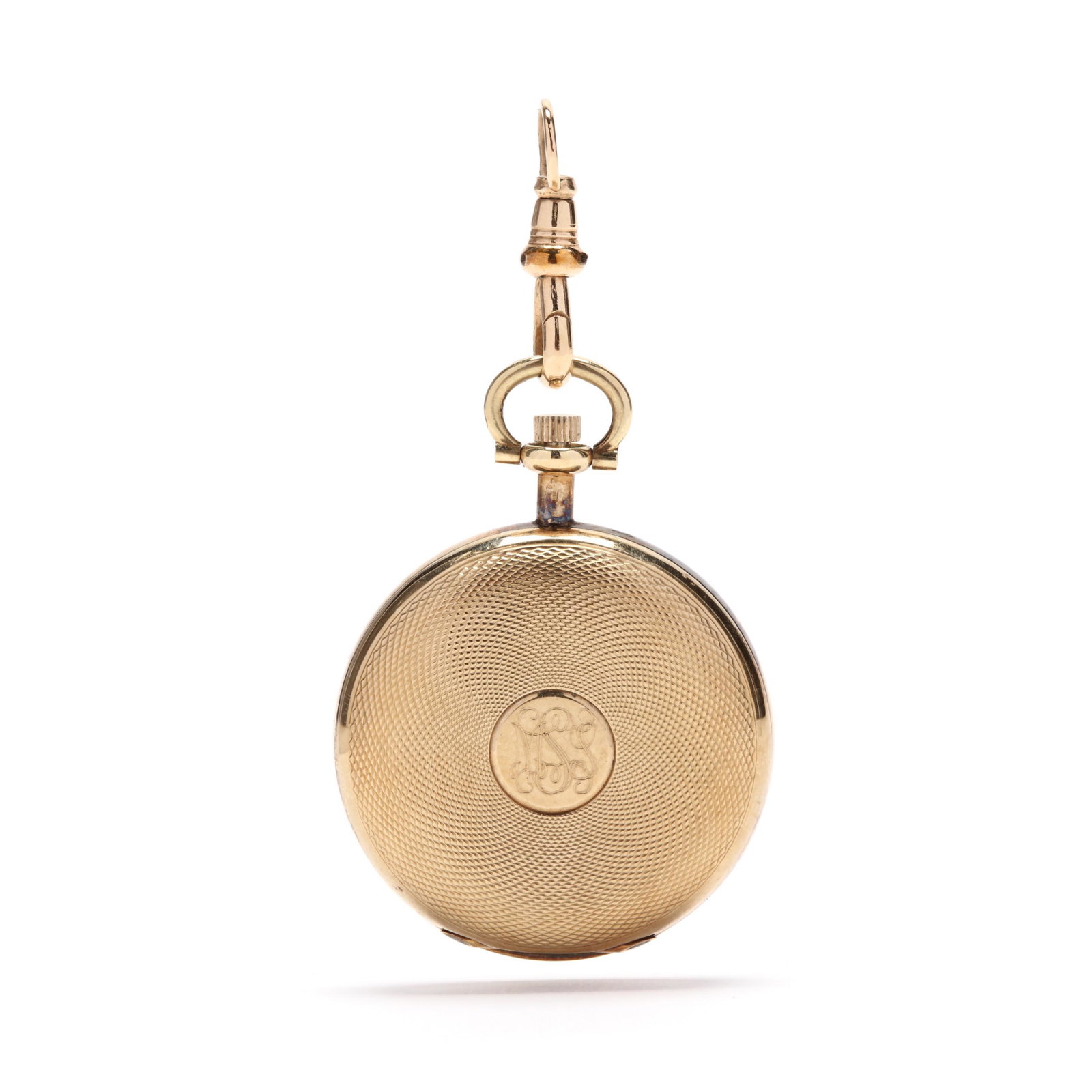 Lady's Antique Hunter Case Pocket Watch, Elgin: Lady's Antique Hunter Case Pocket Watch, Elgin stem wind and set, with white dial, black Roman numeral hour markers, and Louis XIV hands, housed in a gold case with engine turn work and a round monogr