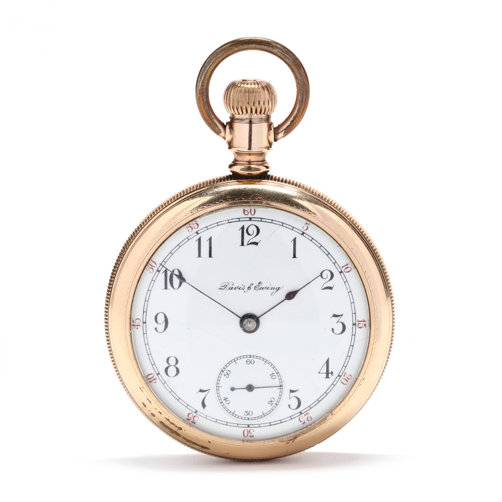 Vintage 14KT Open Face Pocket Watch, Davis & Ewing: Vintage 14KT Open Face Pocket Watch, Davis & Ewing stem wind and lever set, movement 18901, with signed white dial with black Arabic numeral indicators, with outer five-minute register and sunk subsid