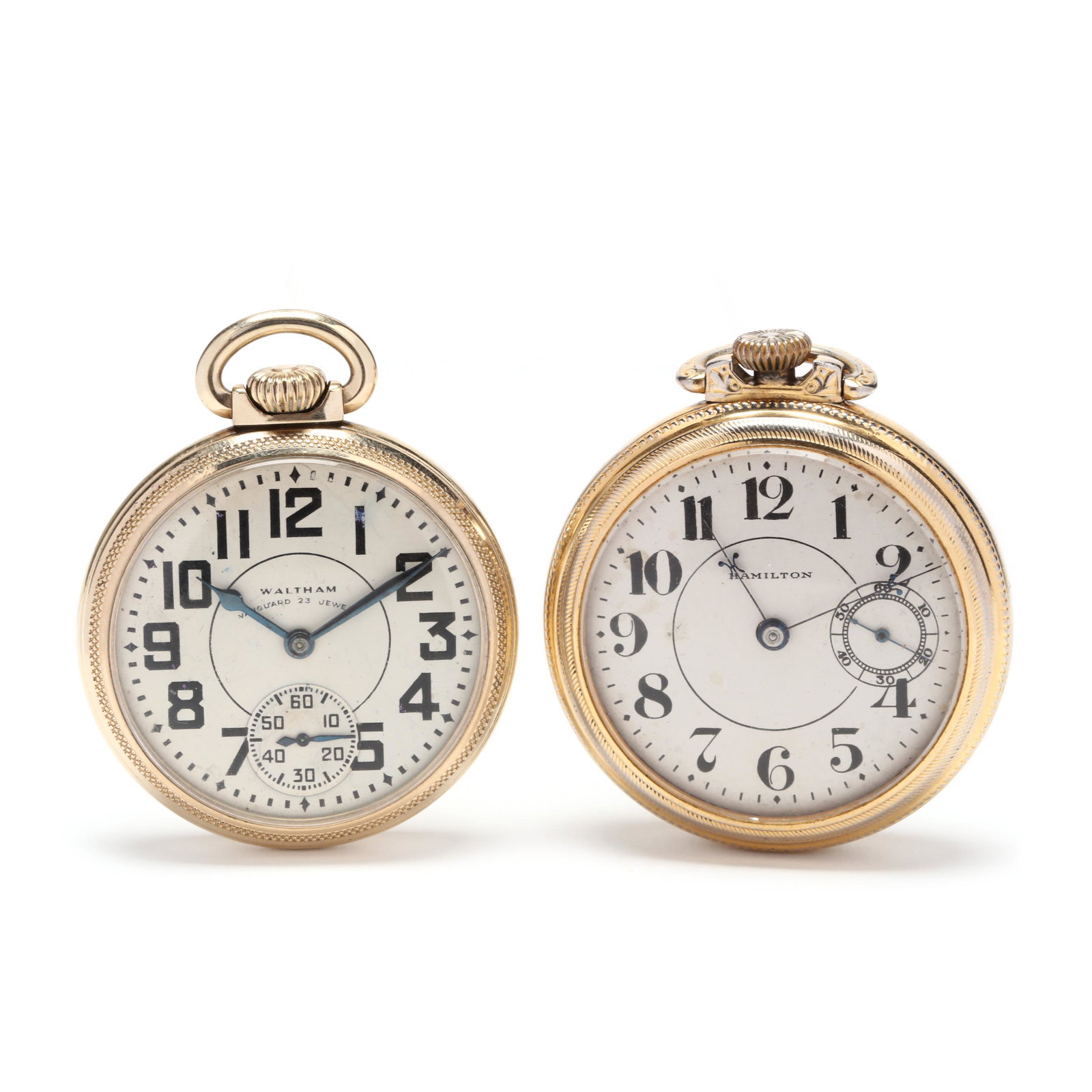 Two Antique Open Face Pocket Watches: Two Antique Open Face Pocket Watches the first a Hamilton, stem wind and lever set, movement 15673 with seventeen jewels, dial with black enamel Arabic hour markers, with subsidiary seconds dial at th