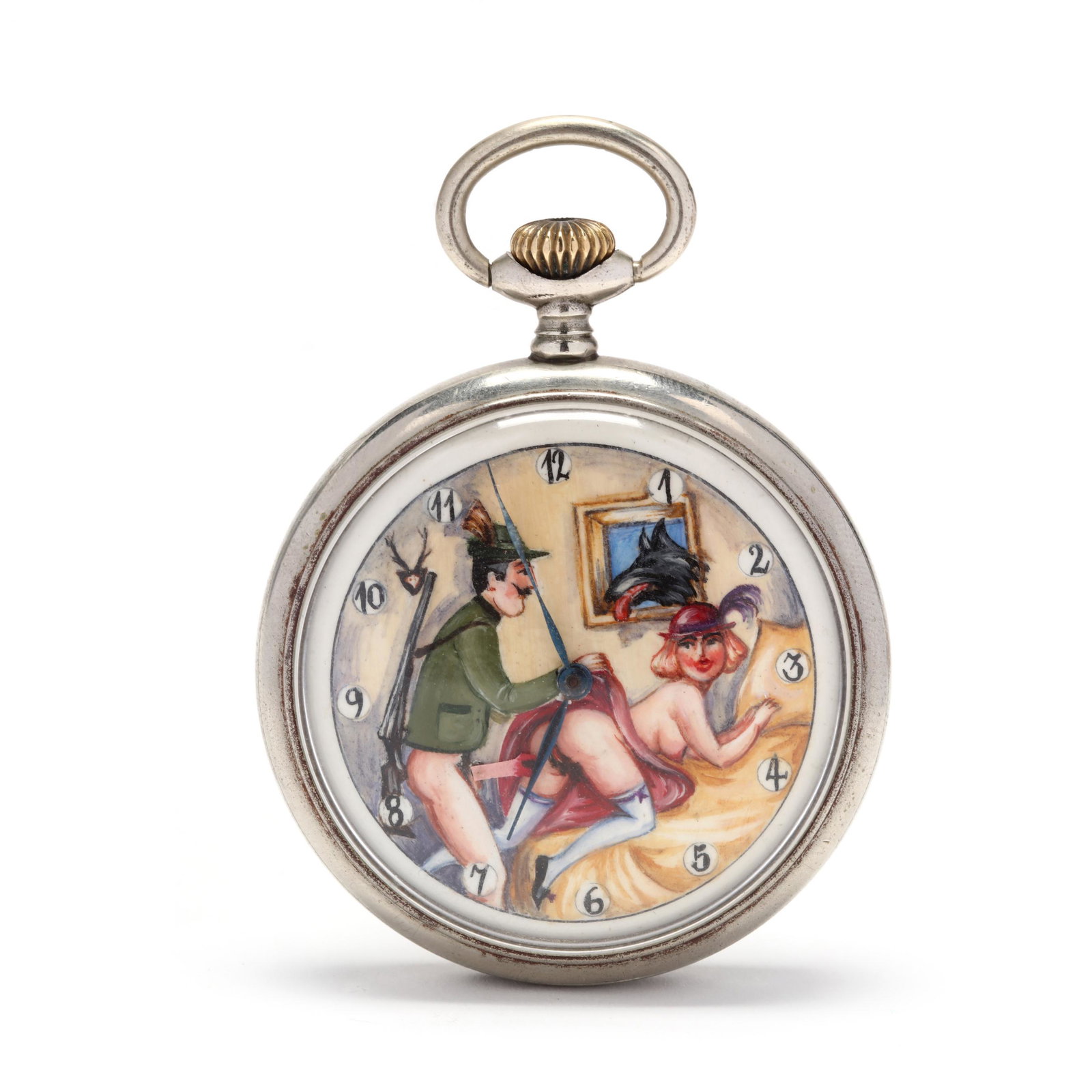 Vintage Open Face Erotic Automaton Pocket Watch: Vintage Open Face Erotic Automaton Pocket Watch stem wind and set, fifteen jewels, the painted dial with amorous scene and Arabic hour markers, curvette marked "Remontoir / Ligne / Droite / Levees Vis