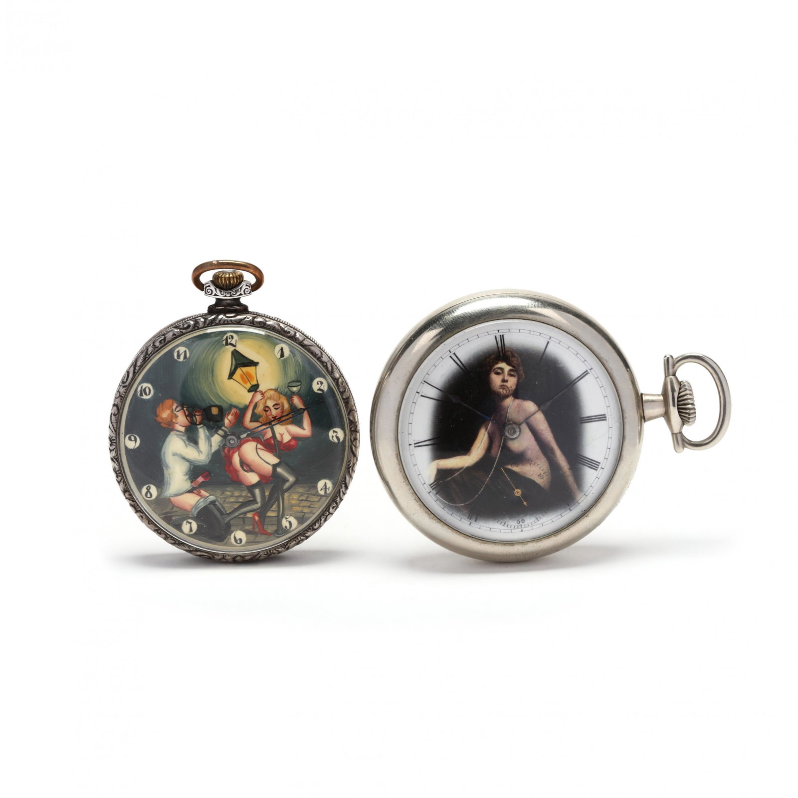 Two Vintage Open Face Erotic Pocket Watches: Two Vintage Open Face Erotic Pocket Watches the first stem wind and set, automatron, the painted dial with amorous scene and Arabic hour markers, hinged case with line engraving and shield, stamped .8