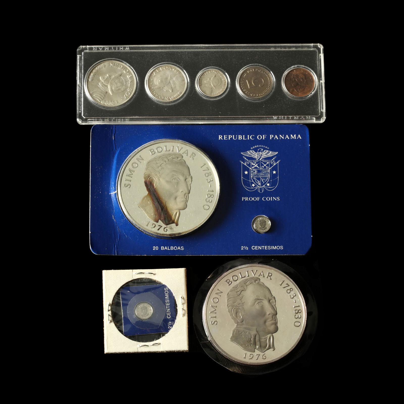 Panama, Two Sets of 1976 Proof Silver 20 Balboas and: Panama, Two Sets of 1976 Proof Silver 20 Balboas and Clad 2 1/2 Centisimosstruck at the Franklin Mint, the 20 Balboas in 0.9250 Silver, ASW 3.8538 oz., KM-31, the 2 1/2 Centesimos, KM-34.1, both coins