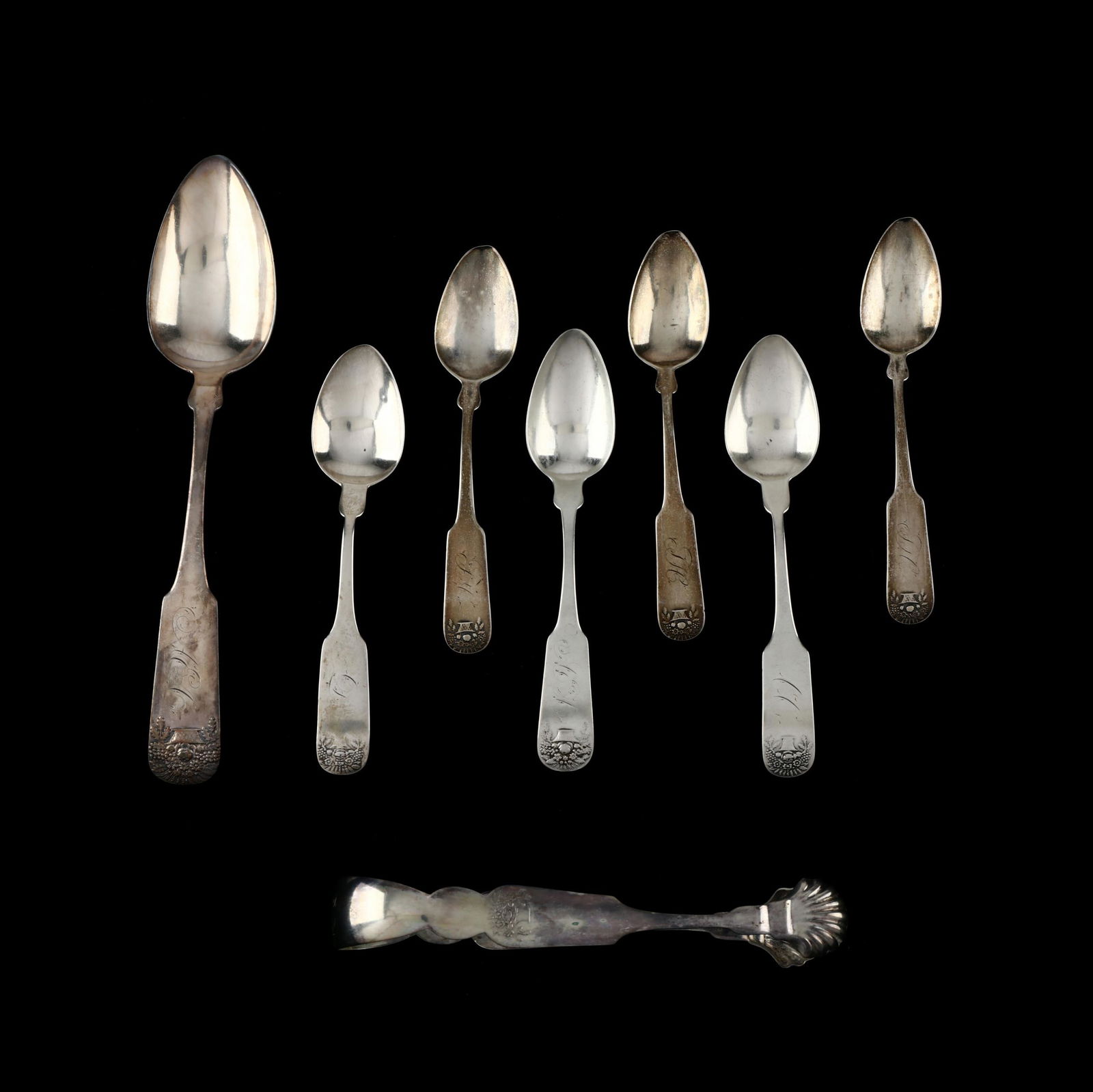 Collection of Coin Silver Flatware with Basket of Fruit: Collection of Coin Silver Flatware with Basket of Fruit Design(8) pieces including (3) teaspoons with mark of "Moore;" (1) teaspoon with mark of Benedict & Scudder of New York; (2) teaspoons with mark