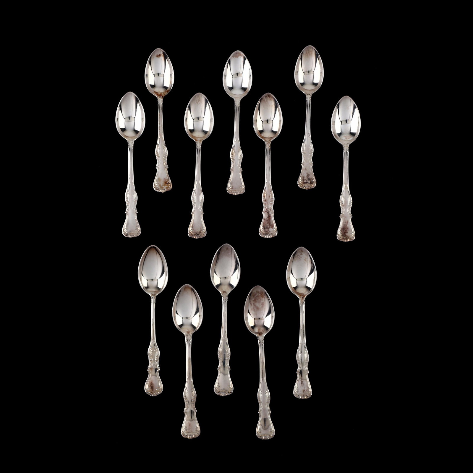 Set of Twelve Swedish .800 Silver Demitasse Spoons: Set of Twelve Swedish .800 Silver Demitasse Spoons presented in a fitted satin lined retailer's box from Thor Ahlmark of Kungsbacka, no monograms. 4 1/8 in. 4.85 total troy oz. Additional high-resolut