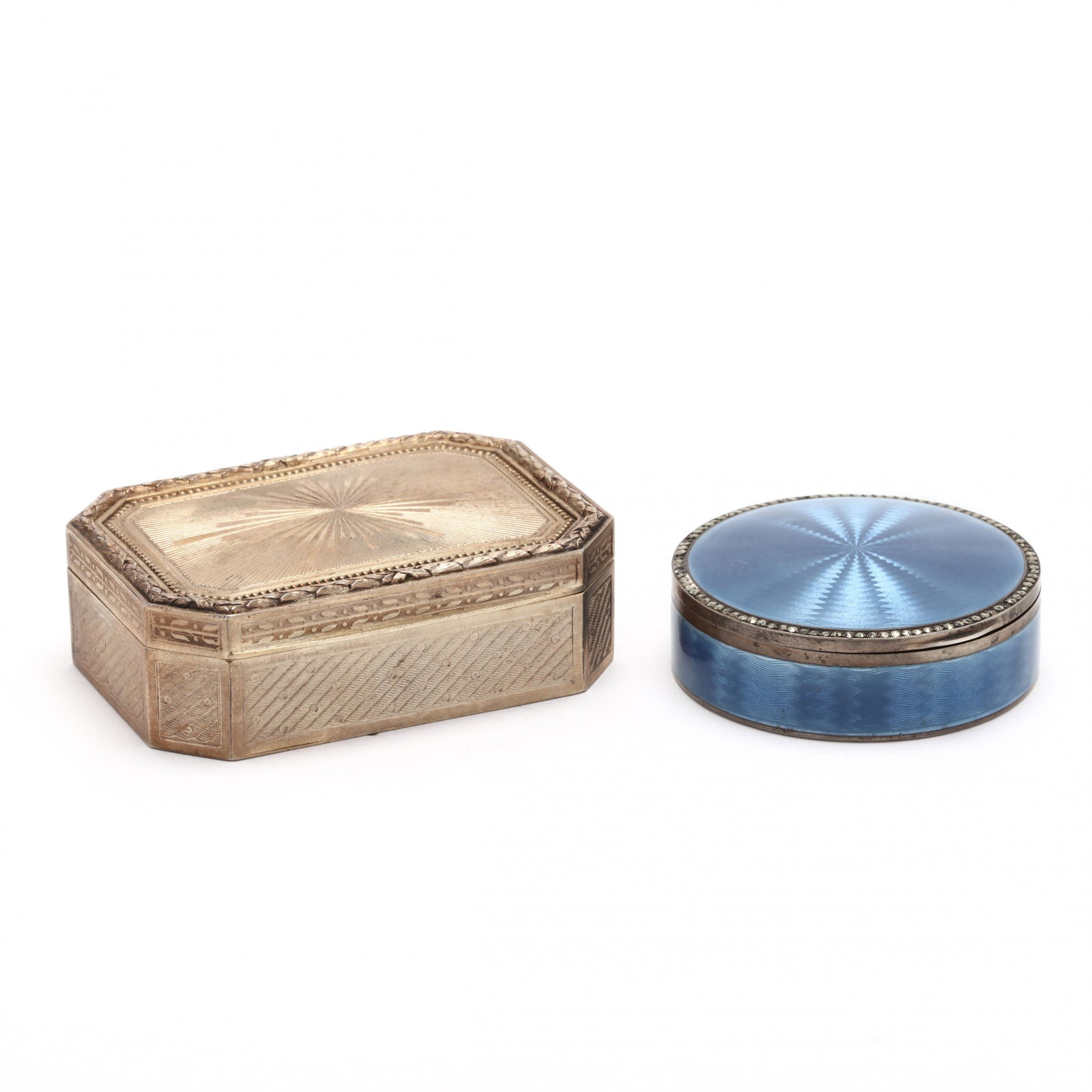 Two Antique .935 Silver Boxes: Two Antique .935 Silver Boxes the first a sky blue guilloche enameled circular box with marcasite "jewels" set to outer edge of hinged cover, parcel gilt, no monogram (2.05 troy oz, .5 x 2.25 in. diam