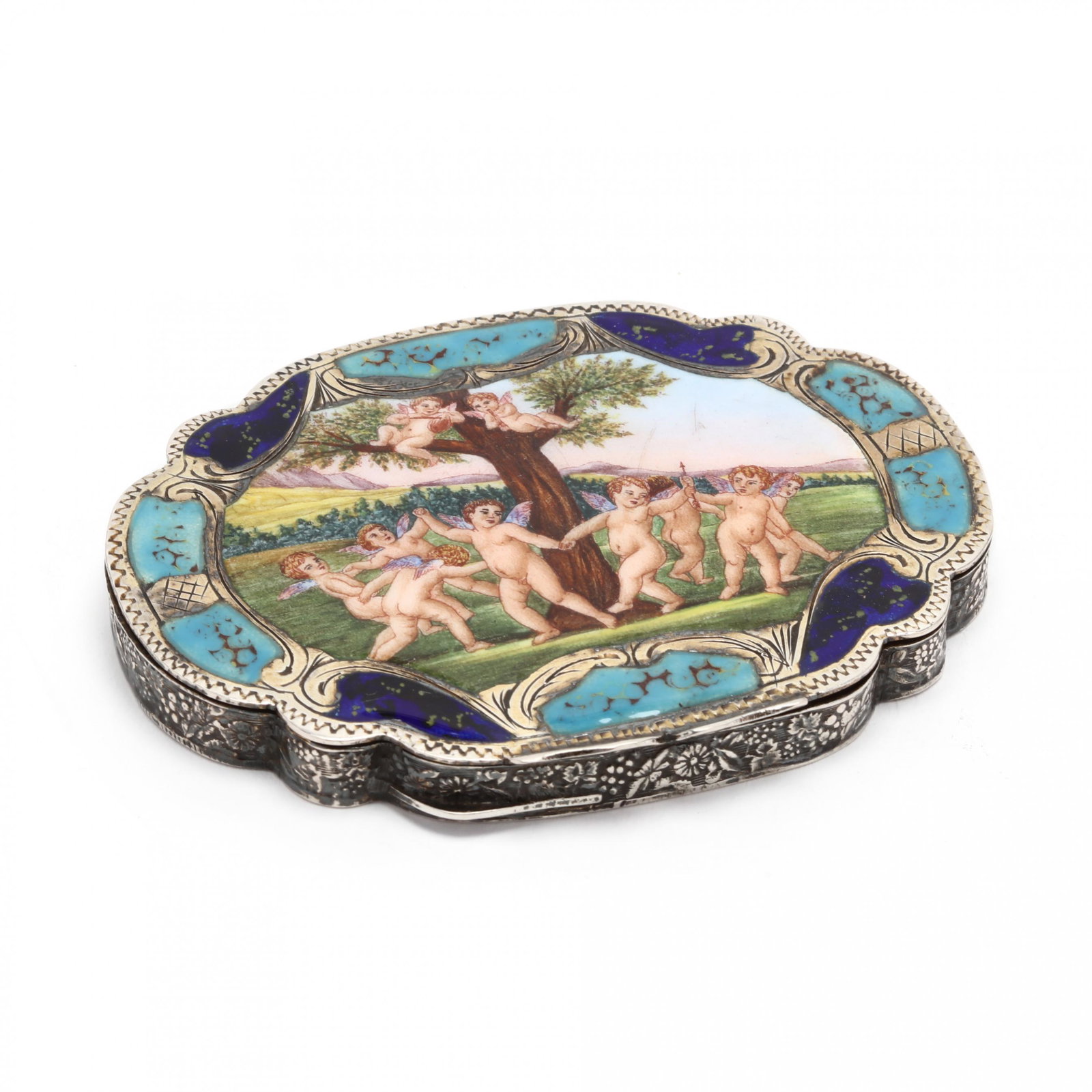 An Enameled .800 Silver Compact: An Enameled .800 Silver Compact with hinged cover with finely enameled scene of ten cavorting cupids within a surround of faux turquoise and lapis enameled cartouches, floral and foliate engraving to 