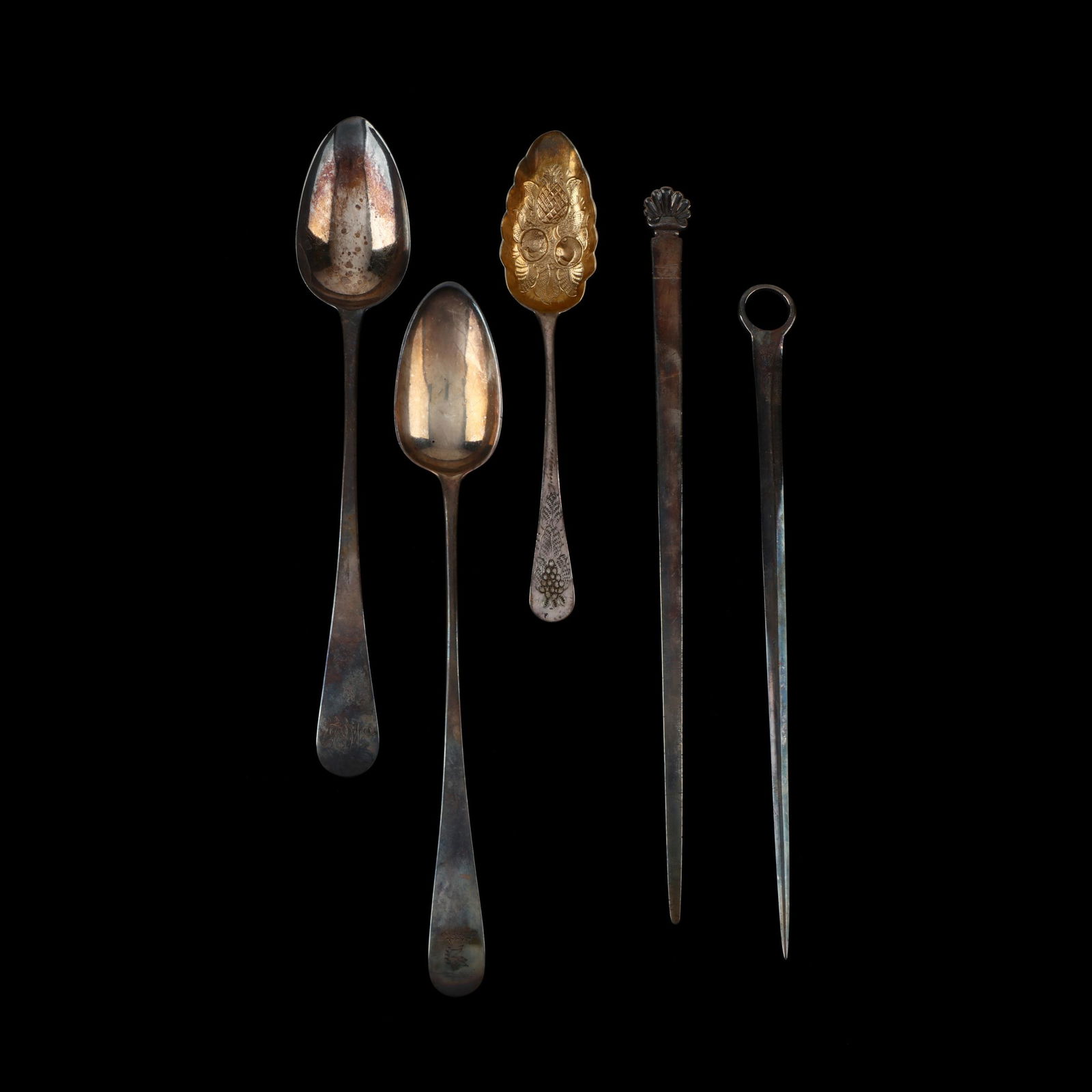 Five George III Silver Flatware Servers: Five George III Silver Flatware Serversincluding a meat skewer with mark of George Smith III and William Fearn, London (1793) hallmarks, ring handle, no engraving (12 in.) (good estate condition); a m