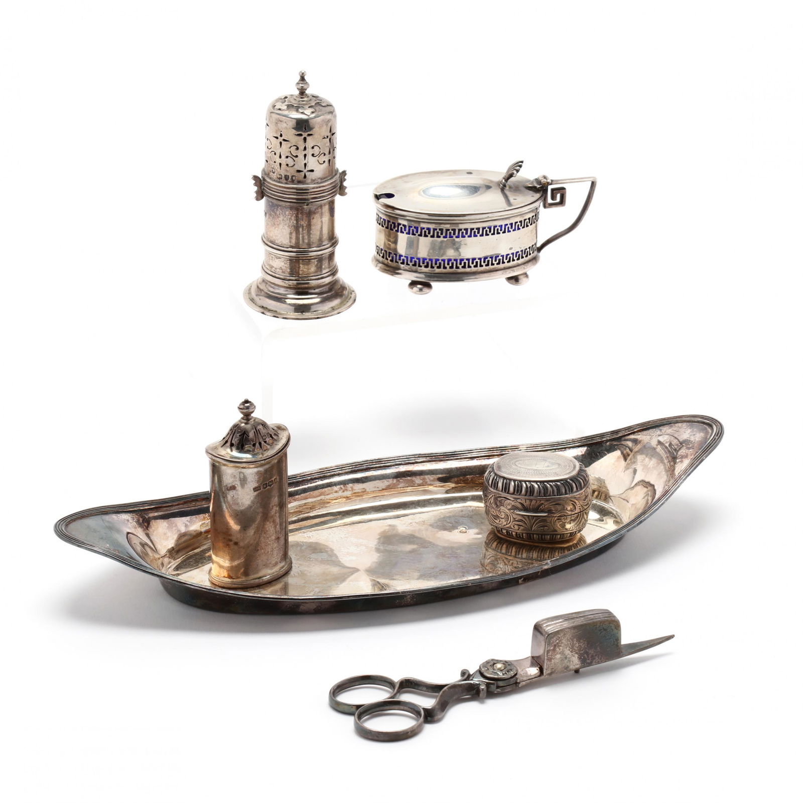Six English Silver Table Accessories, including Bateman: Six English Silver Table Accessories, including Bateman Familythe first a George III silver snuffer tray with mark of Peter & Ann Bateman, London (1796) hallmarks (LOA 10.25 in.) (denting to well and