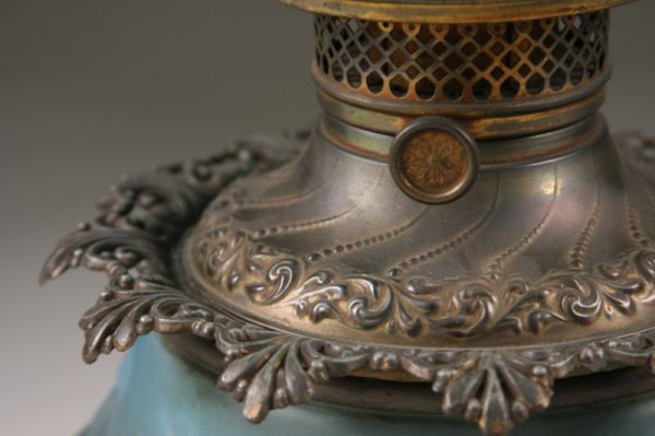 Antique Blue Glass Banquet Lamp, - 4