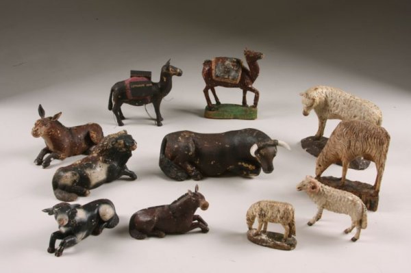 Group of Ten Carved Polychrome Creche Animals,