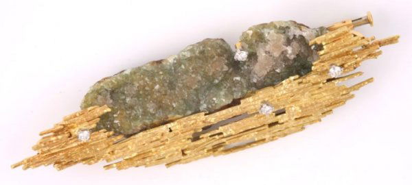 Andrew Grima 18KT, Diamond, & Adamite Brooch,: Andrew Grima 18KT, Diamond, & Adamite Brooch, beautiful original composition by celebrated artist, the late Andrew Grima, juxtaposing qualities of gold and diamonds with the natural Adamite crystal cr