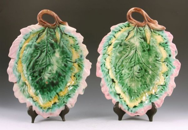 Pair of Etruscan Majolica Leaf Dishes, 19th c.,