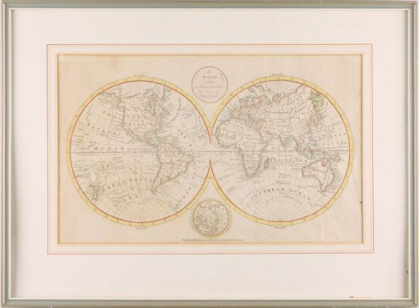 Antique English Double Hemisphere Map,: Antique English Double Hemisphere Map, "The World Including the Discoveries made by Capt. Cook," ca. 1790, copperplate engraving with later color, professionally matted and framed with dealer's label