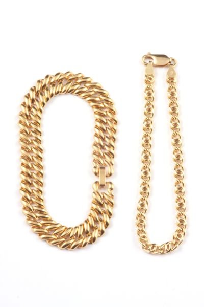 Two 18K Yellow Gold Link Bracelets,: Two 18K Yellow Gold Link Bracelets, one chain linked and fused, marked "750", measuring 7.75" and 7.8g, and the other double curbed link bracelet measuring 6" and 13.69g