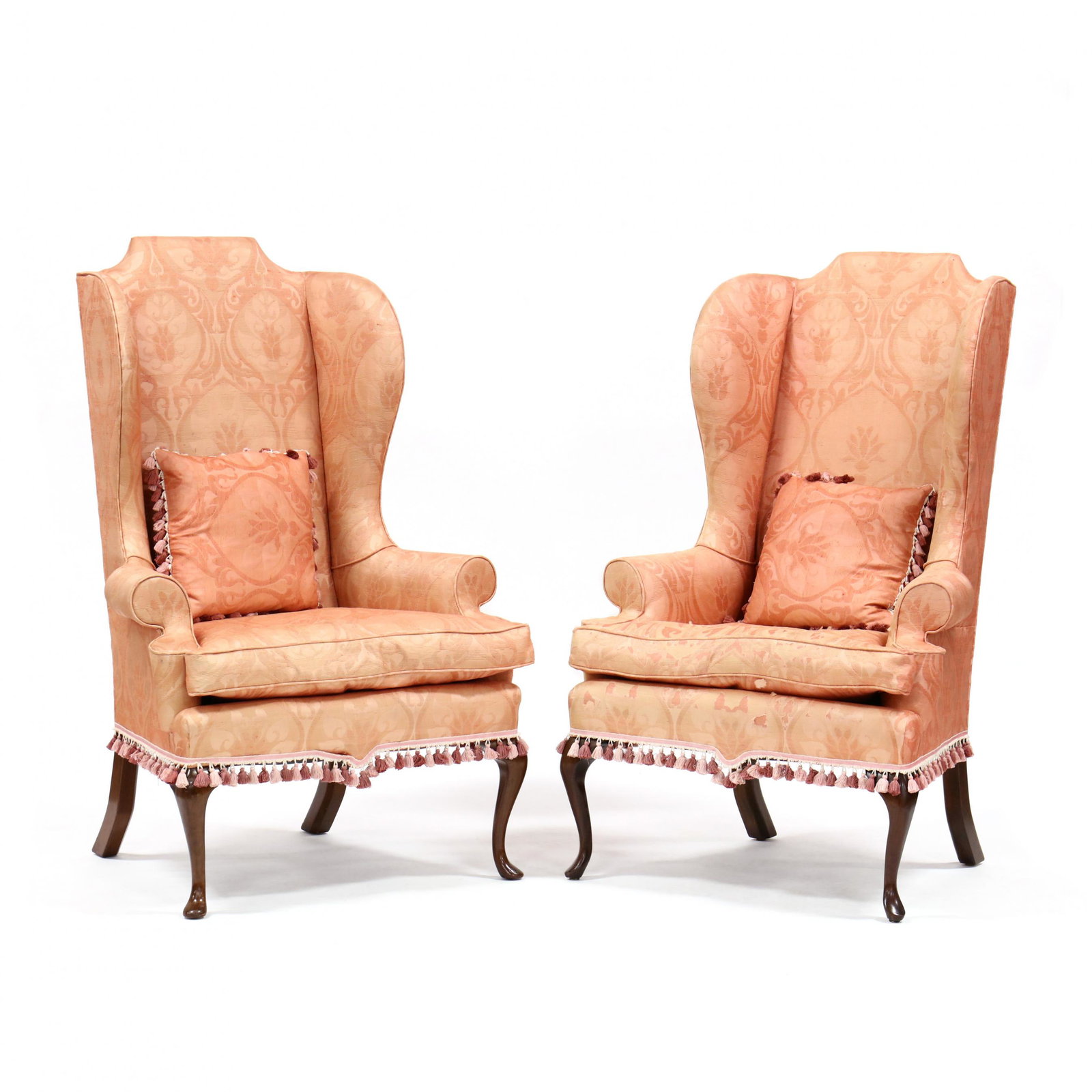 Pair of Queen Anne Style Easy Chairs: Pair of Queen Anne Style Easy Chairsmid 20th century, likely Kittinger, woven pink upholstery, loose down-filled cushion, on mahogany cabriole legs, unmarked. 50 x 32 x 24 in. From the Estate of the l