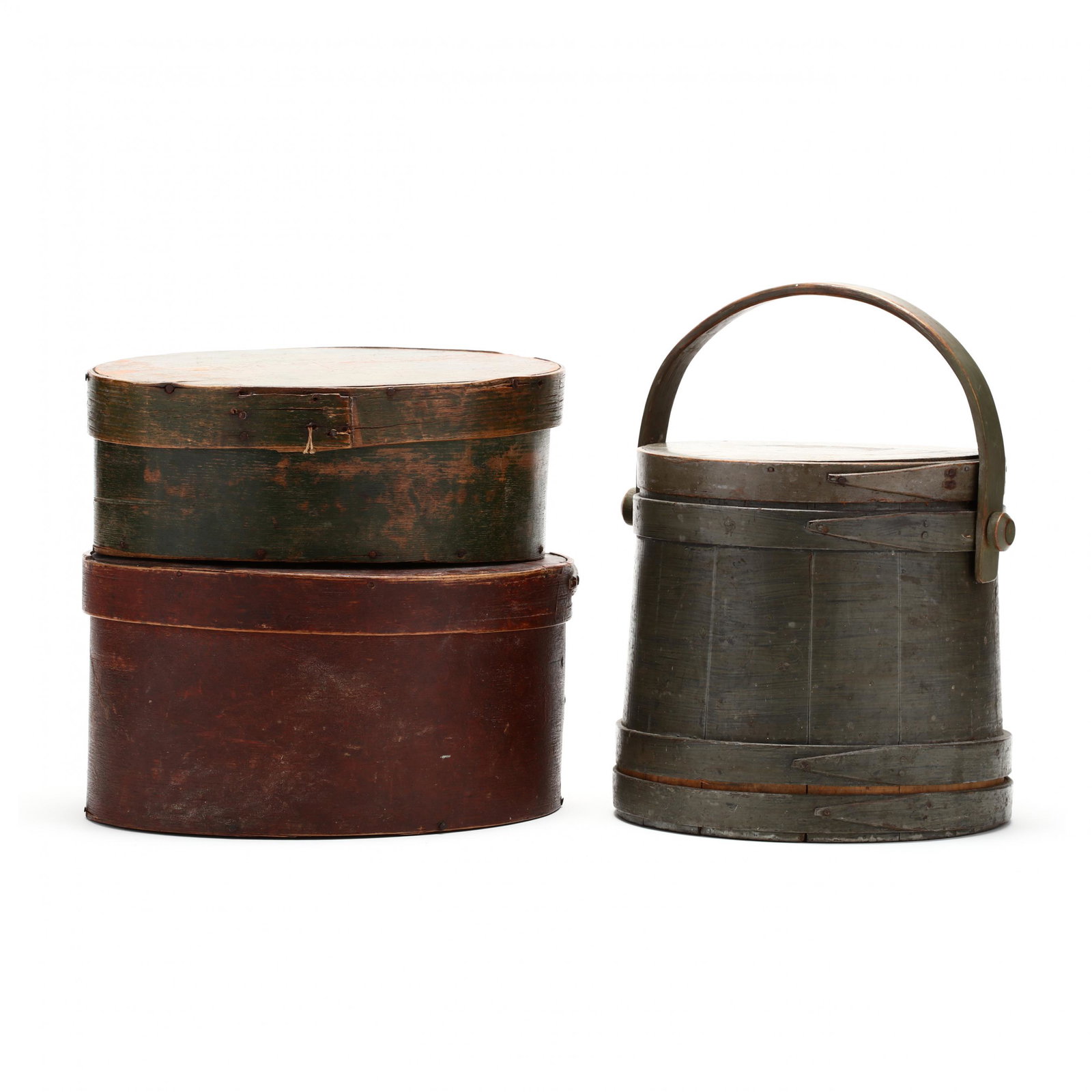 Two Antique Pantry Boxes and a Firkin Bucket: Two Antique Pantry Boxes and a Firkin Bucket 19th century, including a green wash oak and pine oval lidded pantry box, a red wash oak and pine oval lidded pantry box, and a green painted lidded firkin