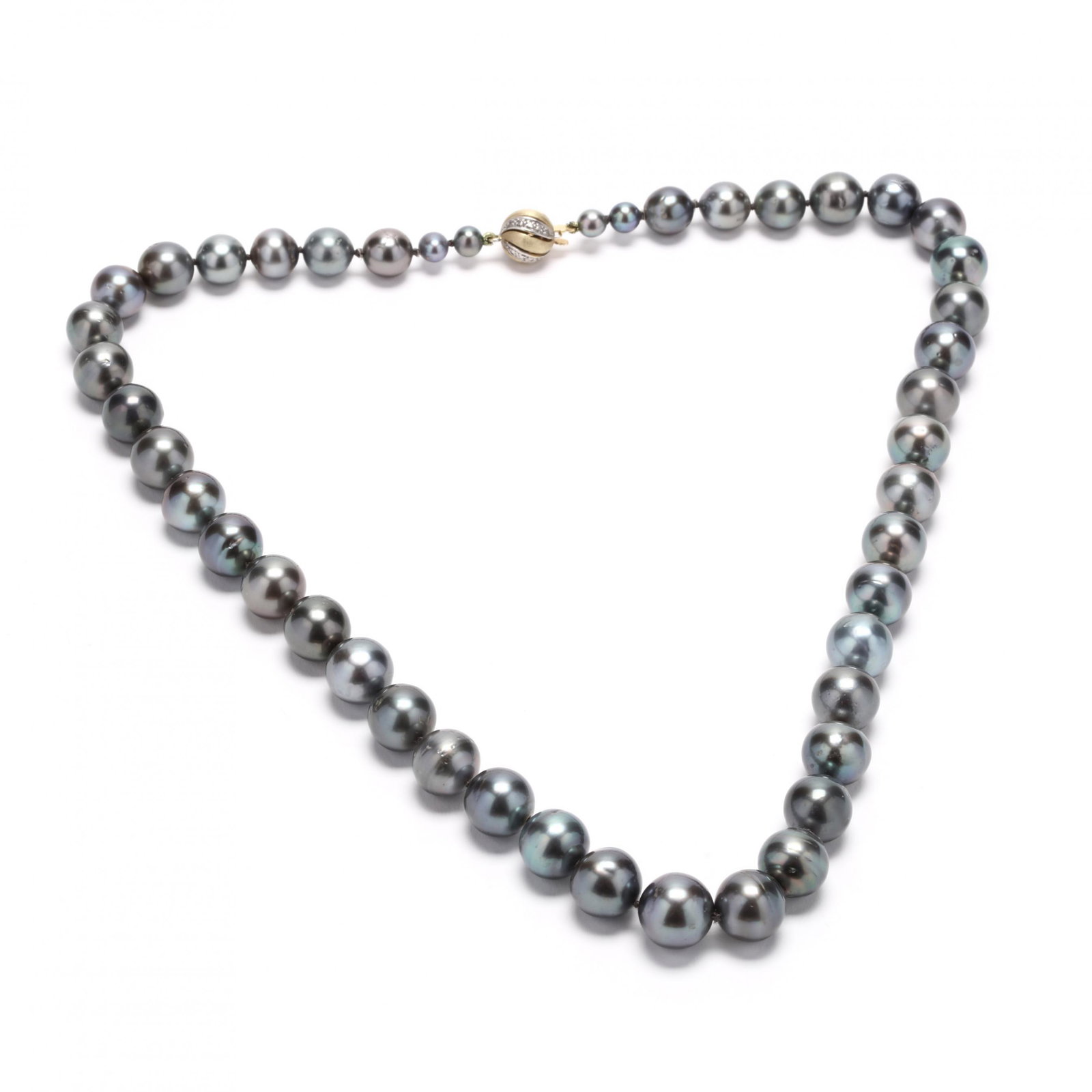 Tahitian Pearl Necklace: Tahitian Pearl Necklace strung knotted with graduated Tahitian pearls (5.73mm - 12.66mm) and completed with a bi-color diamond boule clasp stamped 14K / 575. 20 in. Pearls display a gray body color wi
