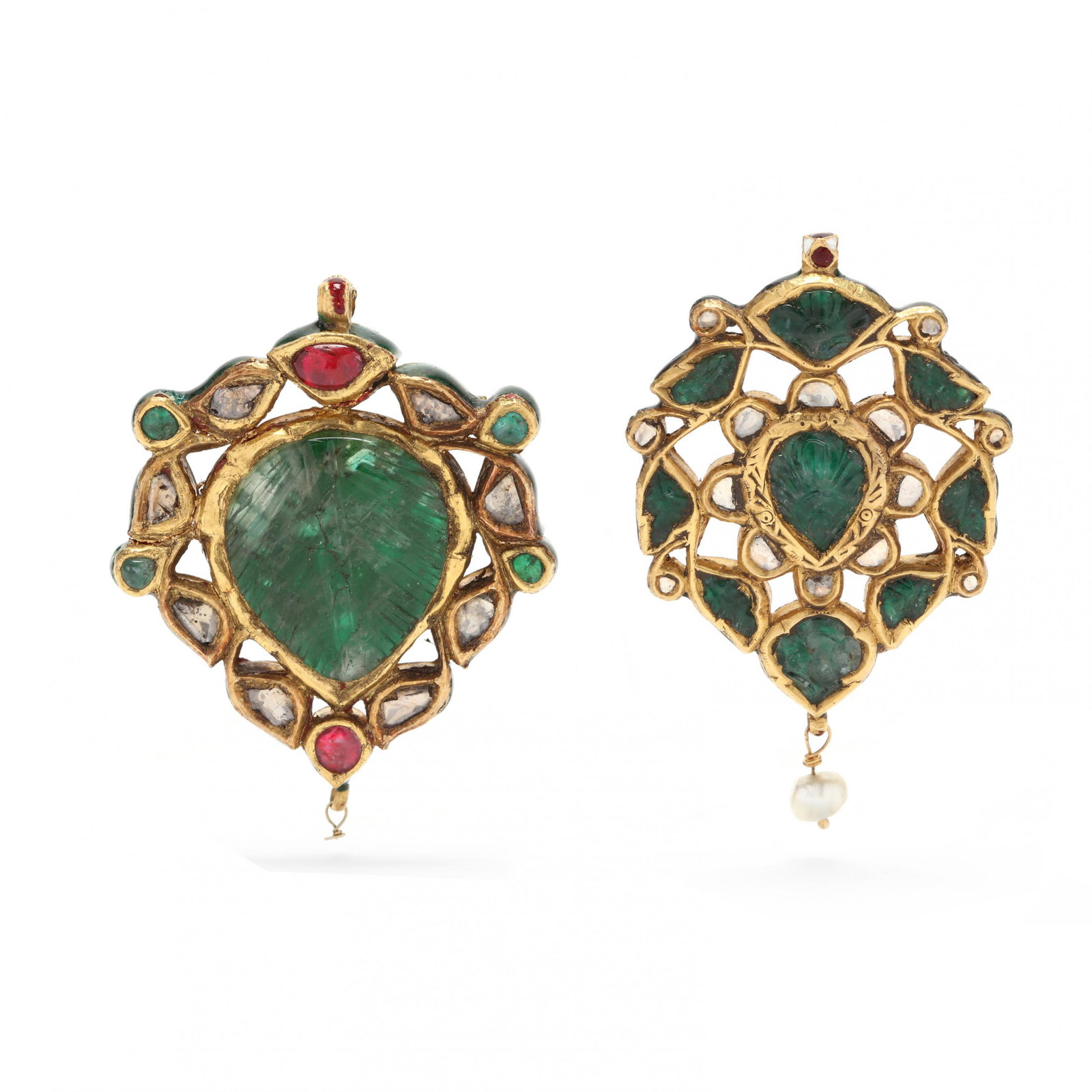 Two Gold, Polychrome Enamel, and Gem-Set Pendants: Two Gold, Polychrome Enamel, and Gem-Set Pendants the first centering on a carved emerald in a leaf motif bezel set in a conforming frame, the open surround with variously shaped cabochon spinel and p