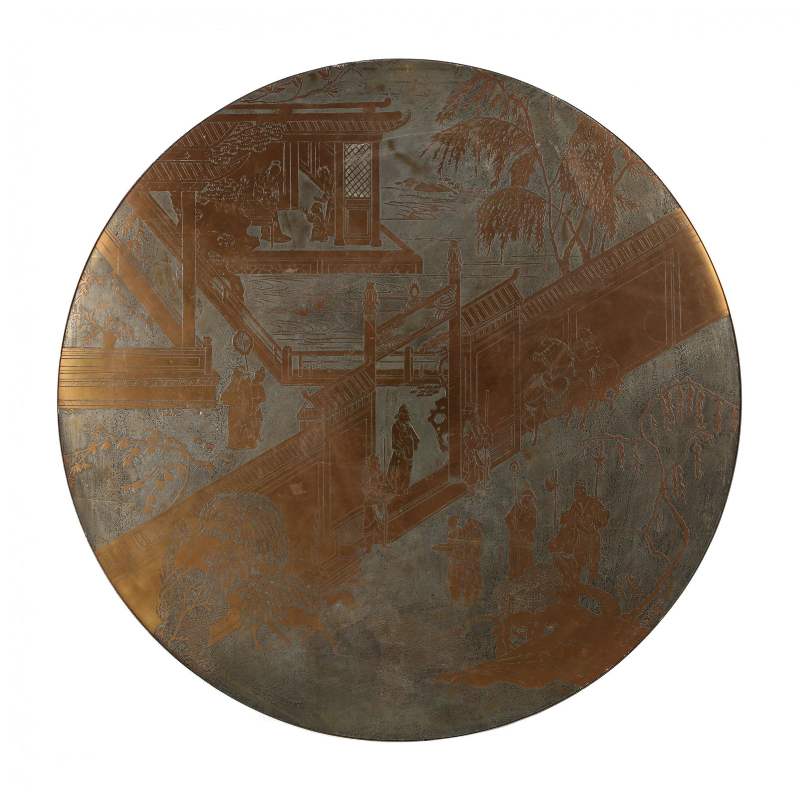 Philip and Kelvin Laverne, Chan Bronze Coffee Table: Philip and Kelvin Laverne, Chan Bronze Coffee Table Top1960s, New York, acid cut and patinated bronze disc form top with bronze edge, signed in the design. 47.75 in. diameter An unusual father and son