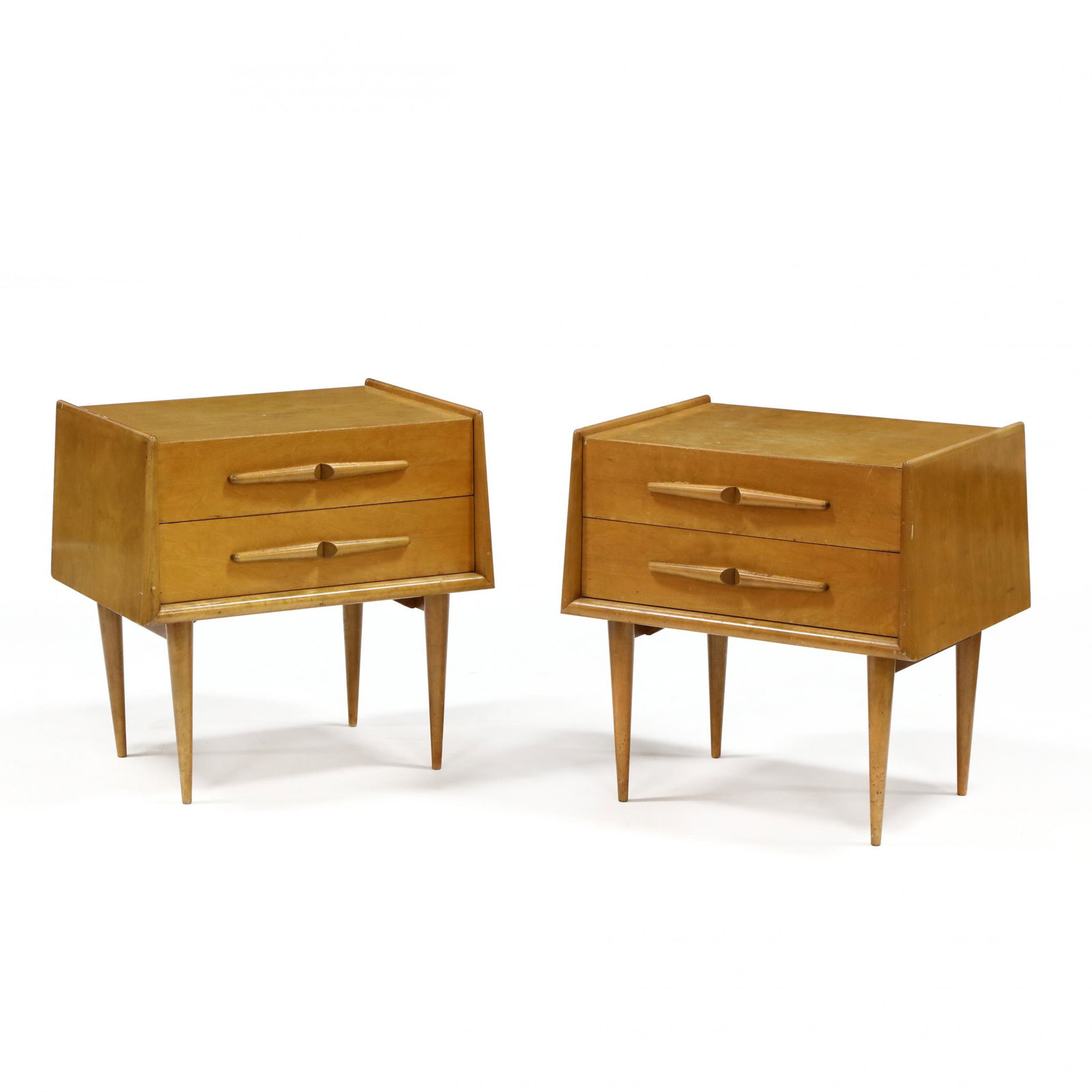 Edmond J. Spence (Canadian, 1911-1986), Pair of: Edmond J. Spence (Canadian, 1911-1986), Pair of Mid-Century Nightstands 1950s, birch, rectangular tapered form, applied trim, two drawers with shaped pulls, on turned tapered legs, unsigned. 24 x 23 x