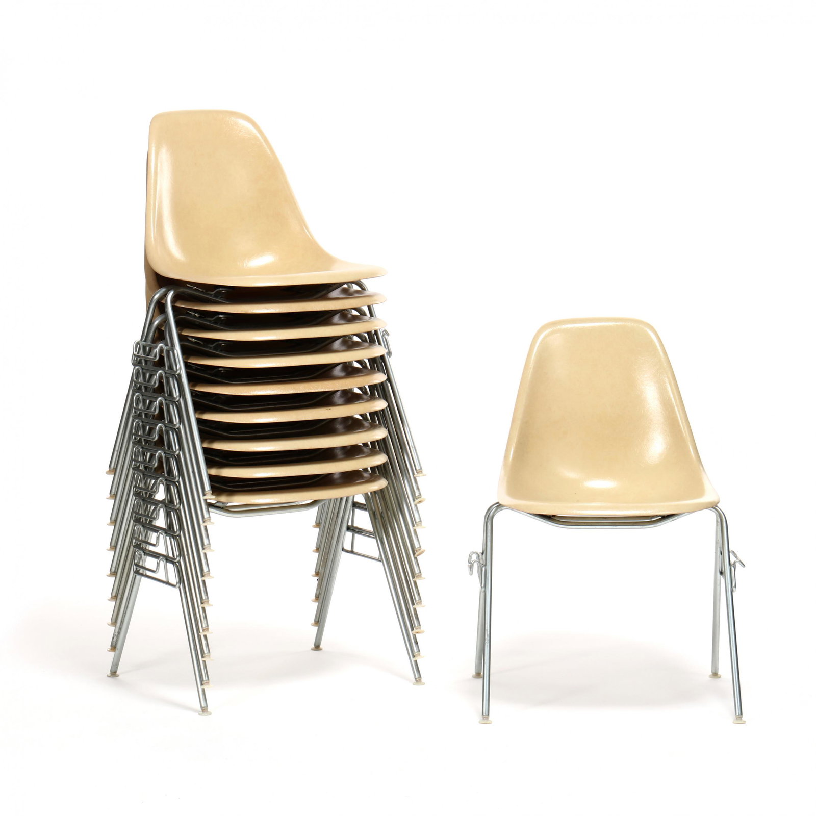 Charles and Ray Eames, Set of Ten DSS Chairs: Charles and Ray Eames, Set of Ten DSS Chairs Herman Miller, 1954, fiberglass shell, aluminum frame, white plastic feet, labeled. Charles and Ray created this design in response to demands for a lightw