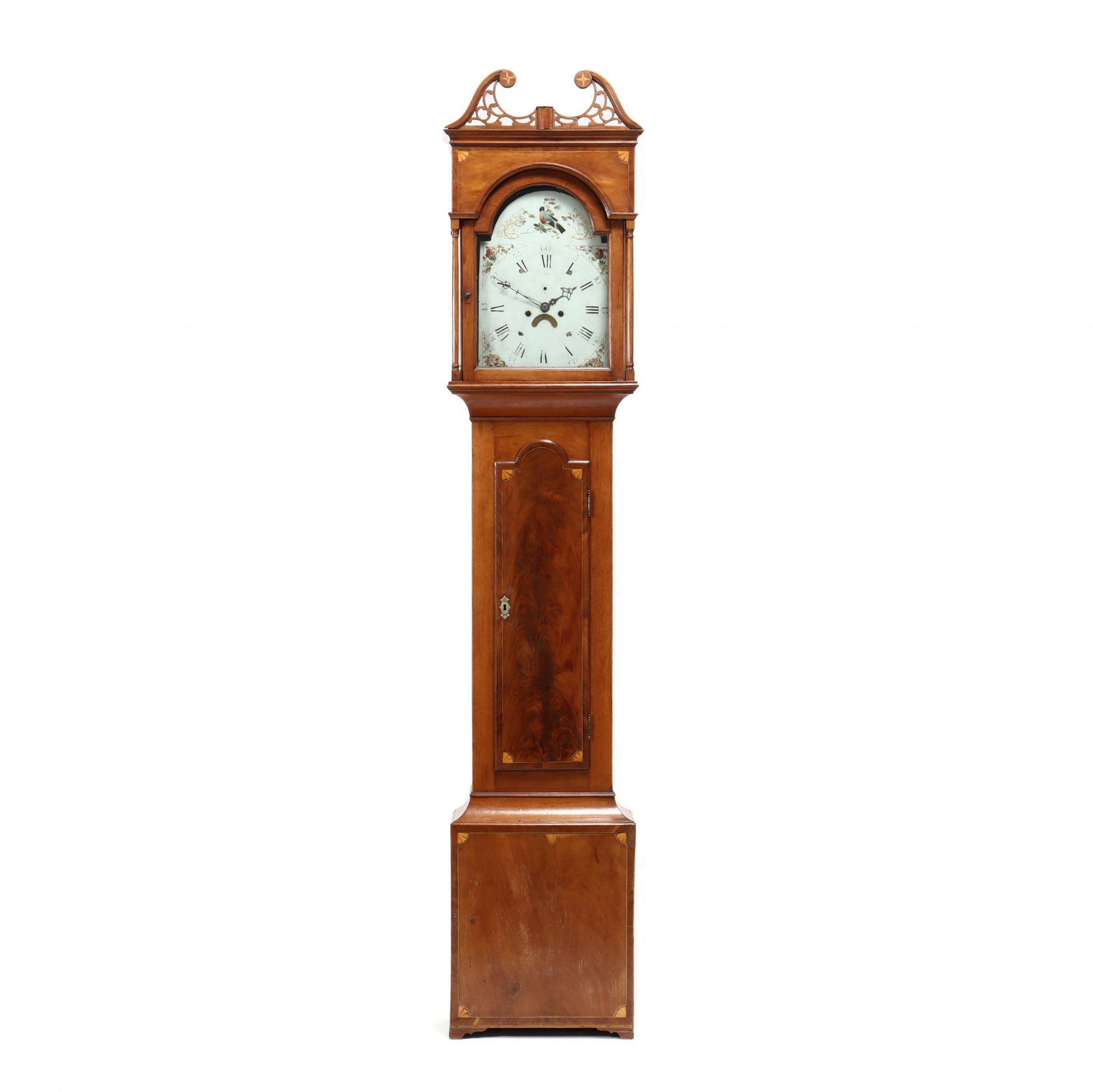 Delaware Federal Inlaid Mahogany Tall Case Clock,: Delaware Federal Inlaid Mahogany Tall Case Clock, Thomas Crowcirca 1800, white pine secondary, painted metal face with bird and floral design, signed Thomas Crow, Roman and Arabic numerals, second dia