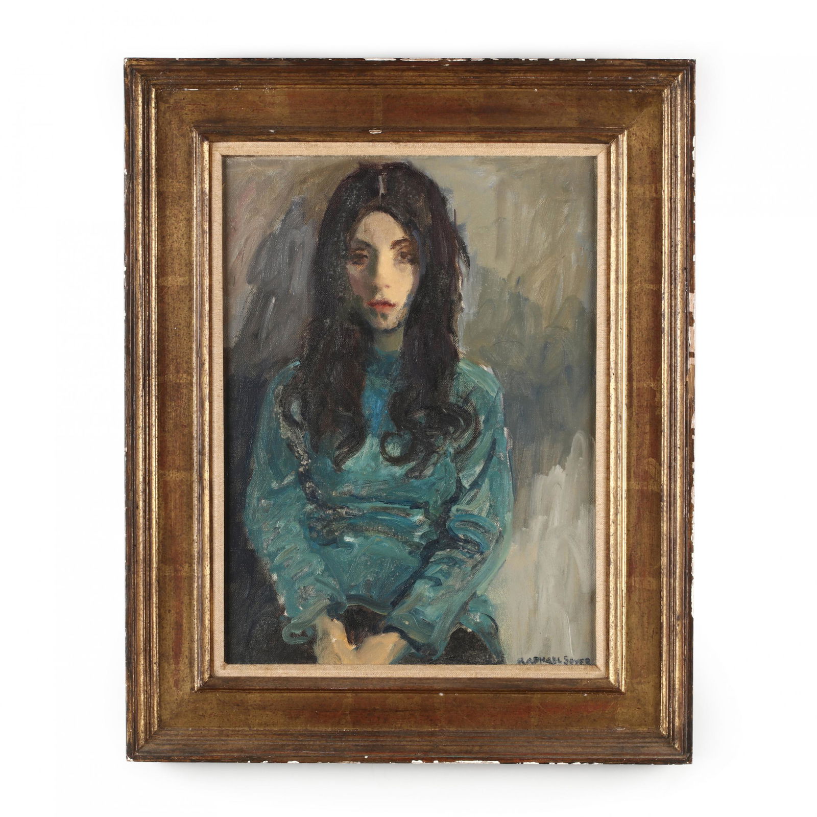 Raphael Soyer (NY, 1899-1987), Model in Blue Jersey: Raphael Soyer (NY, 1899-1987), Model in Blue Jerseyoil on canvas, signed at lower right, 1973, presented in a period gilt frame with linen liner and retaining Forum Gallery label to the verso. SS 15.7