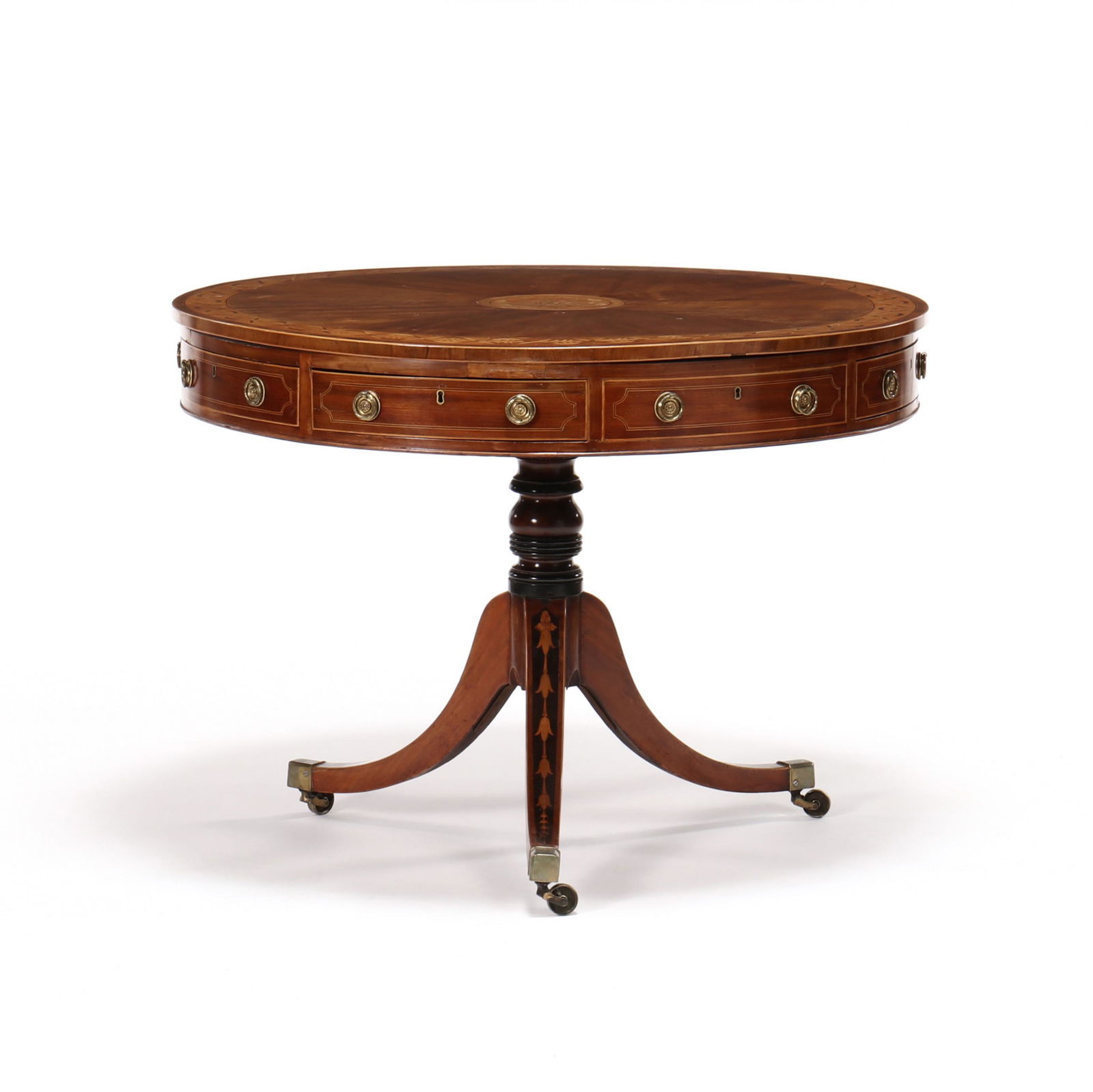 Regency Inlaid Mahogany Drum Table: Regency Inlaid Mahogany Drum Tableearly 19th century, pine and mahogany secondary, circular table with inlaid central floral disc, mahogany wedged panel surround with double-line ribbon and leaf inlai