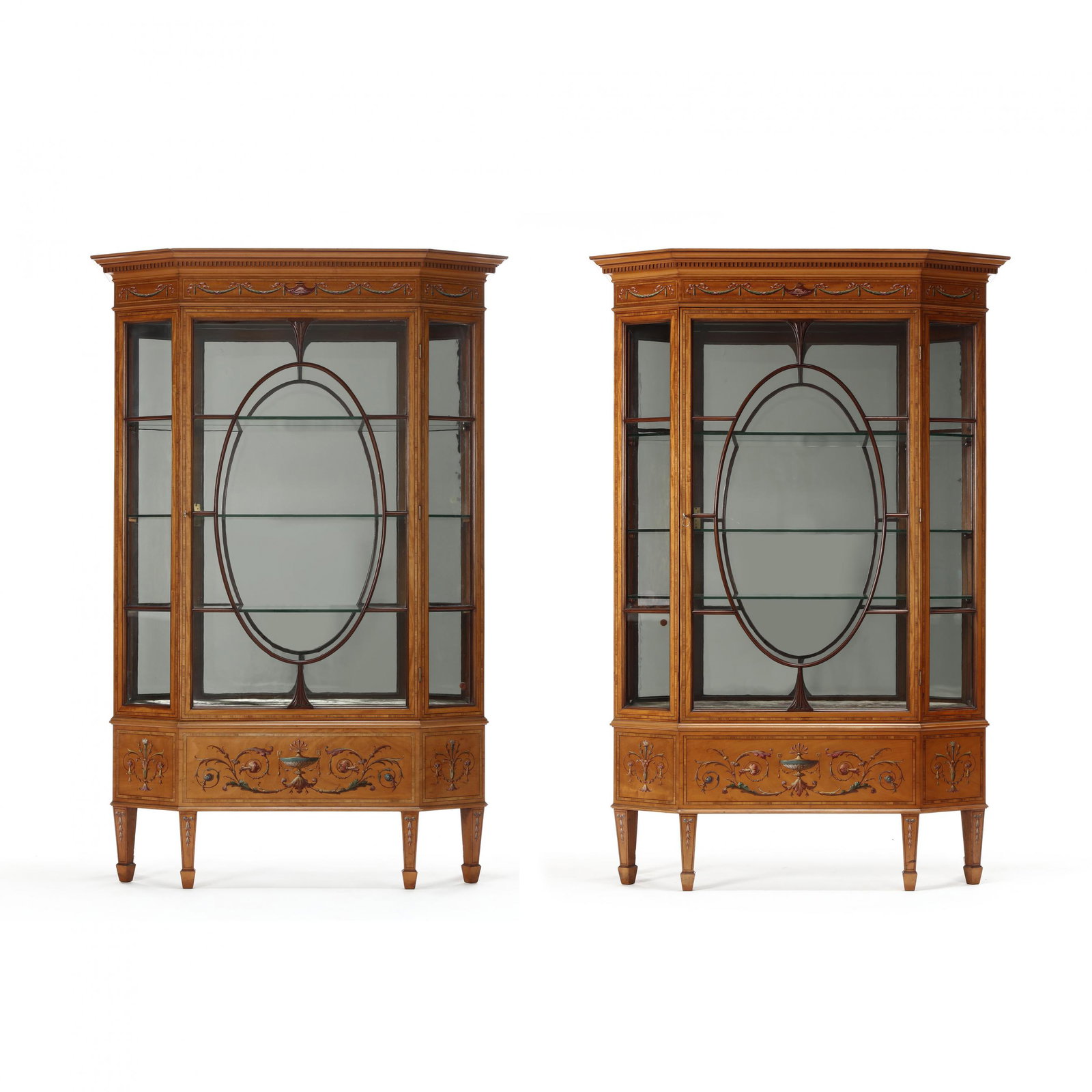 Pair of English Adams Revival Inlaid Display Cabinets: Pair of English Adams Revival Inlaid Display Cabinets circa 1930, mahogany, kingwood and satinwood veneers, each case with an applied stepped and molded cornice featuring dentil molding, above an inla