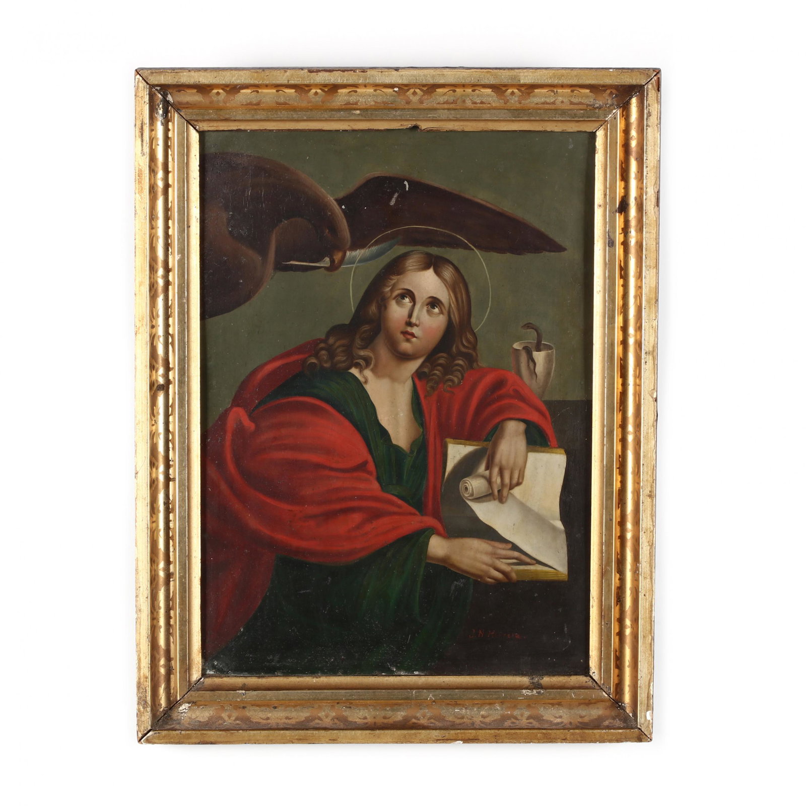 Juan Nepomuceno Herrera (Mexico, 1818-1878), John the: Juan Nepomuceno Herrera (Mexico, 1818-1878), John the Evangelist oil on tin, signed at lower right, presented in a period 19th century gilt frame with stenciled design. SS 12.25 x 8.75 in.; DOA 15 x 1