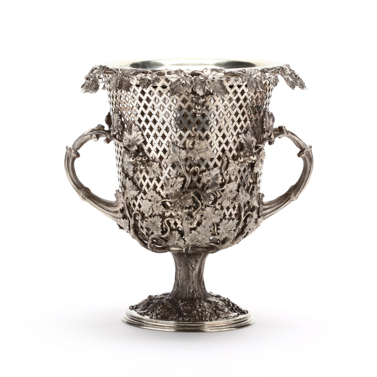 A Very Good Victorian Silverplate Wine Cooler: A Very Good Victorian Silverplate Wine Cooler circa 1850, unmarked, with naturalistic grapevine and clusters supported on a open lattice work urn, with removable liner, unmarked. 10.5 in. The fine cas