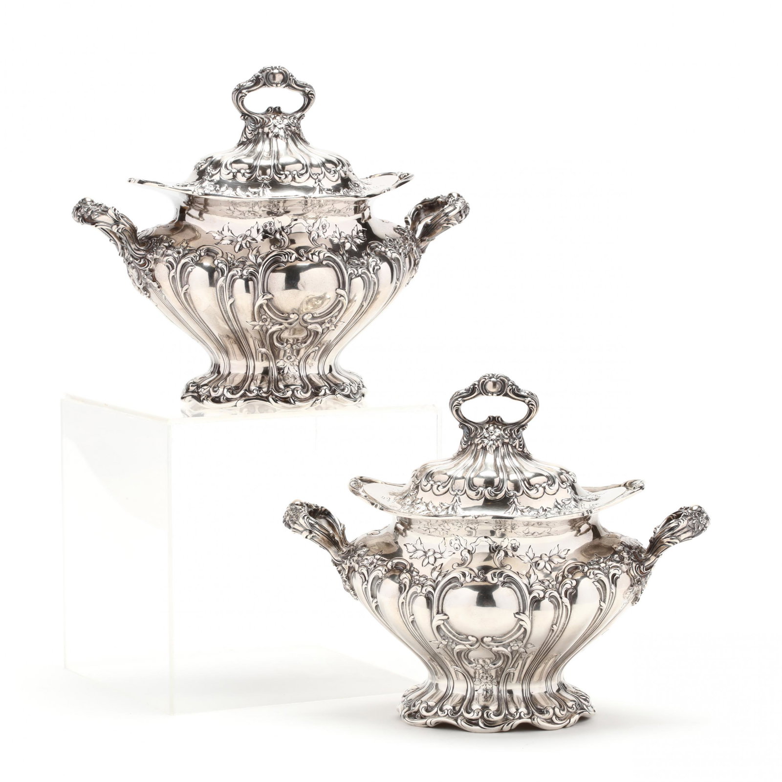 Pair of Gorham "Chantilly - Grand" Small Tureens & Lids: Pair of Gorham "Chantilly - Grand" Small Tureens & Lids 1899 date symbol, model number A576, no monograms. LOA 8 7/8 in. 50.1 total troy oz. From the Collection of River Run Manor, former home of the 