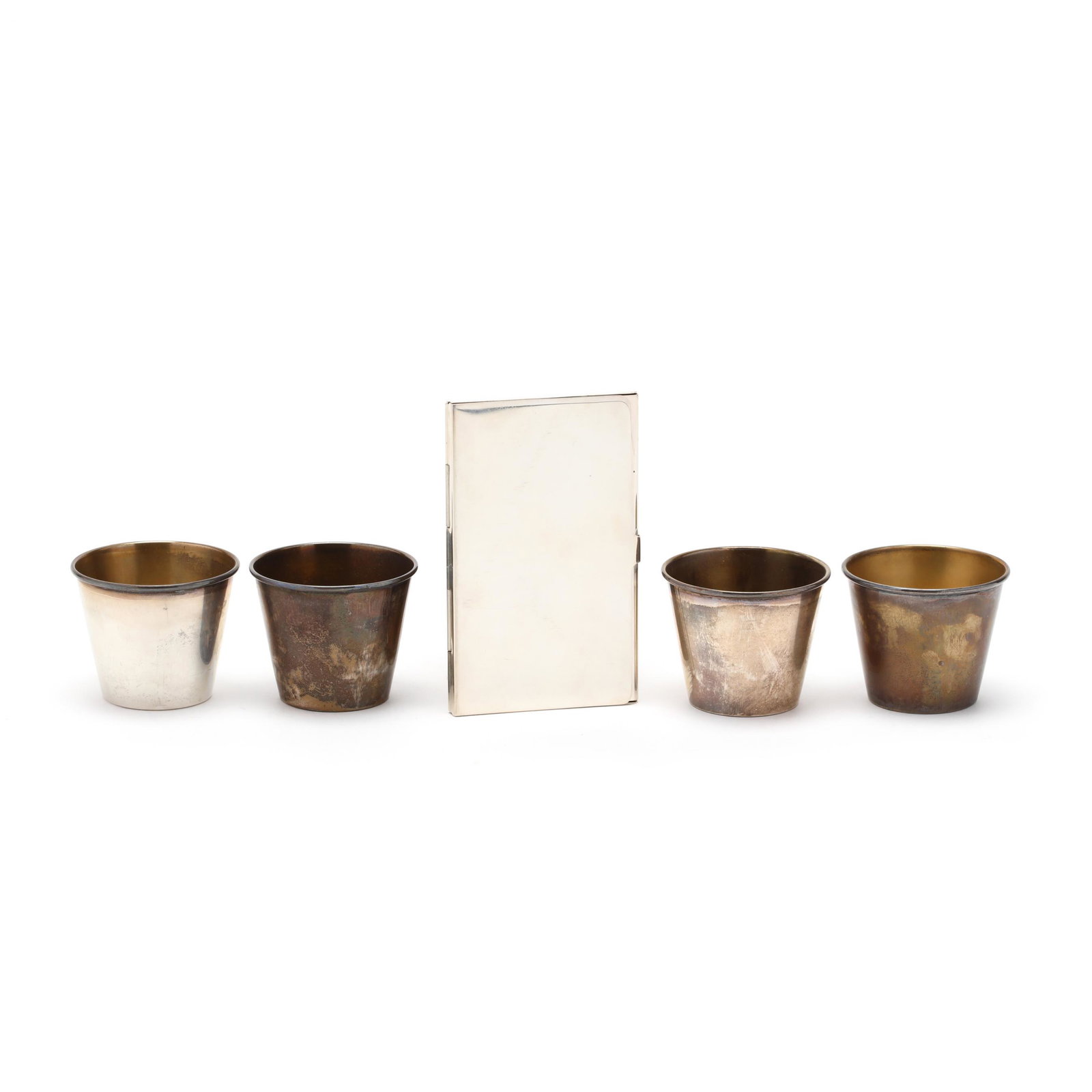 Sterling Silver Shot Glasses & Business Card Holder: Sterling Silver Shot Glasses & Business Card Holder including a cased set of four shot glasses by R. Blackinton & Co. (1.5 in.); and a card holder by Towle (2.25 x 3 5/8 in.). No monograms. 4.95 total