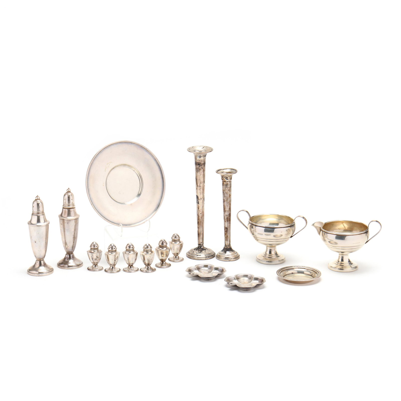 Fourteen Sterling Silver Table Accessories: Fourteen Sterling Silver Table Accessoriesincluding a sugar and creamer set with weighted base; a pair of weighted base bud vases; a pair of weighted base salt & peppers shakers; a set of (6) individu