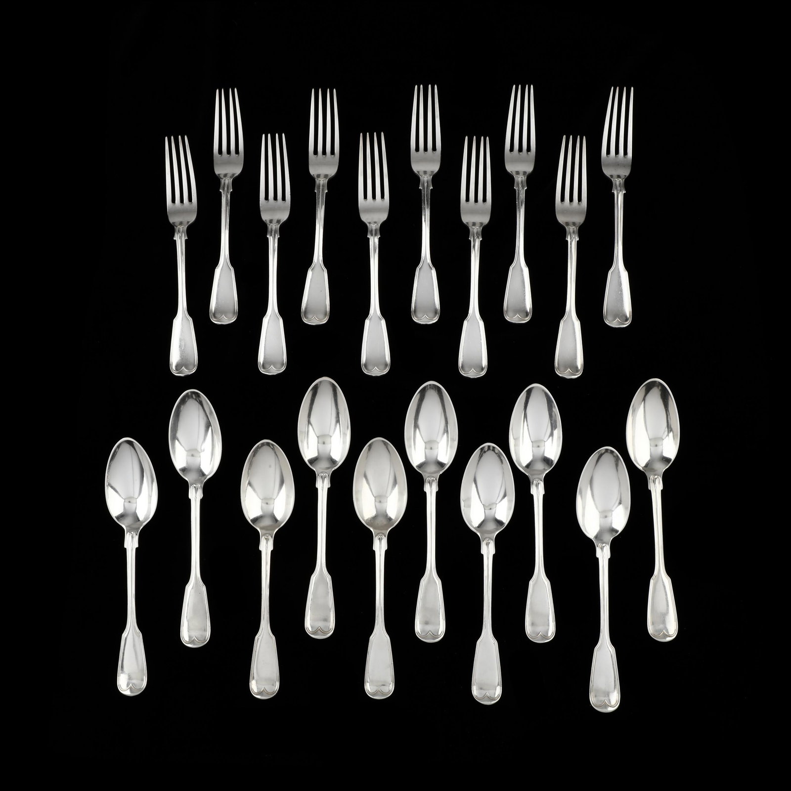 French 1st Standard Silver Flatware, Armorial Engraving: French 1st Standard Silver Flatware with Armorial Engraving mark of Pierre Queille, mid-19th century, fiddle & thread pattern, (20) pieces including (10) dinner forks (8.5 in.) and (10) dessert / soup