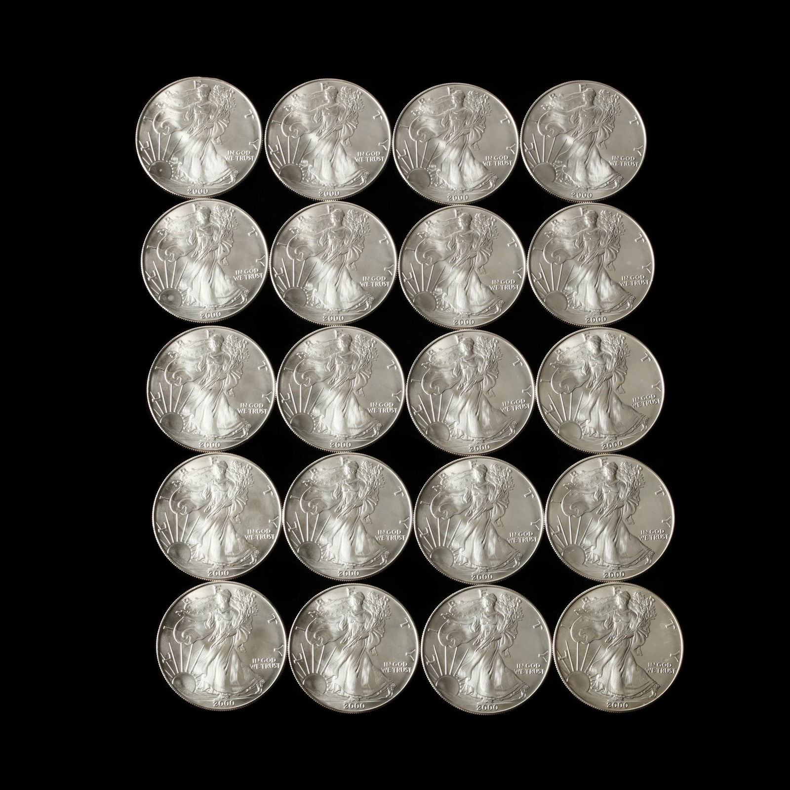 Roll of Twenty BU 2000 $1 American Silver Eagles: Roll of Twenty BU 2000 $1 American Silver Eaglesfresh appearance with good surfaces. Private Collection, Cornelius, North Carolina Additional high-resolution photos are available at LelandLittle.com