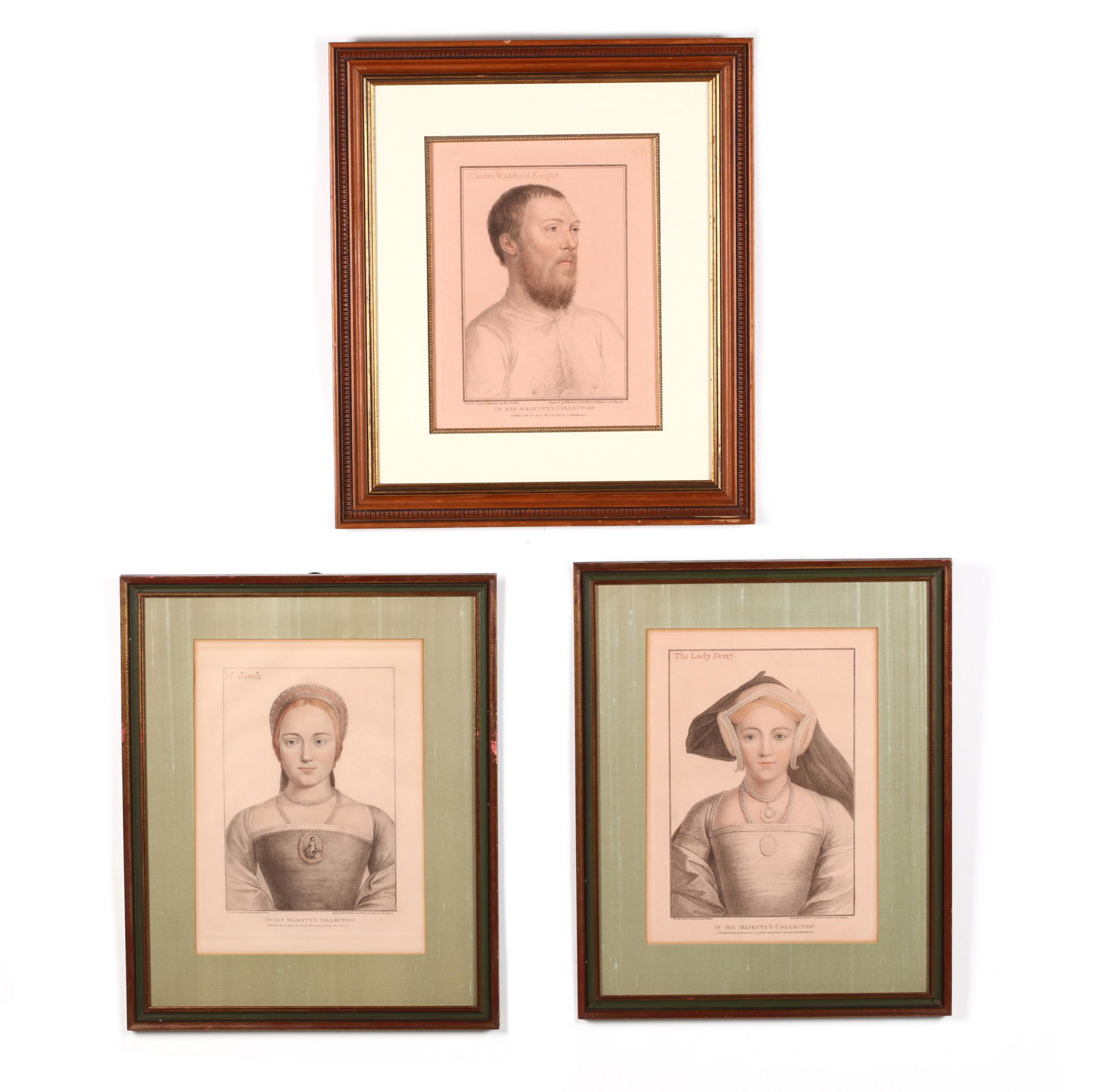 Three Antique Portrait Prints after Hans Holbein the: Three Antique Portrait Prints after Hans Holbein the Youngerstipple engravings, 1795, printed by Francesco Bartolozzi, both from In His Majesty's Collection, printed on pale pink paper, with accompany