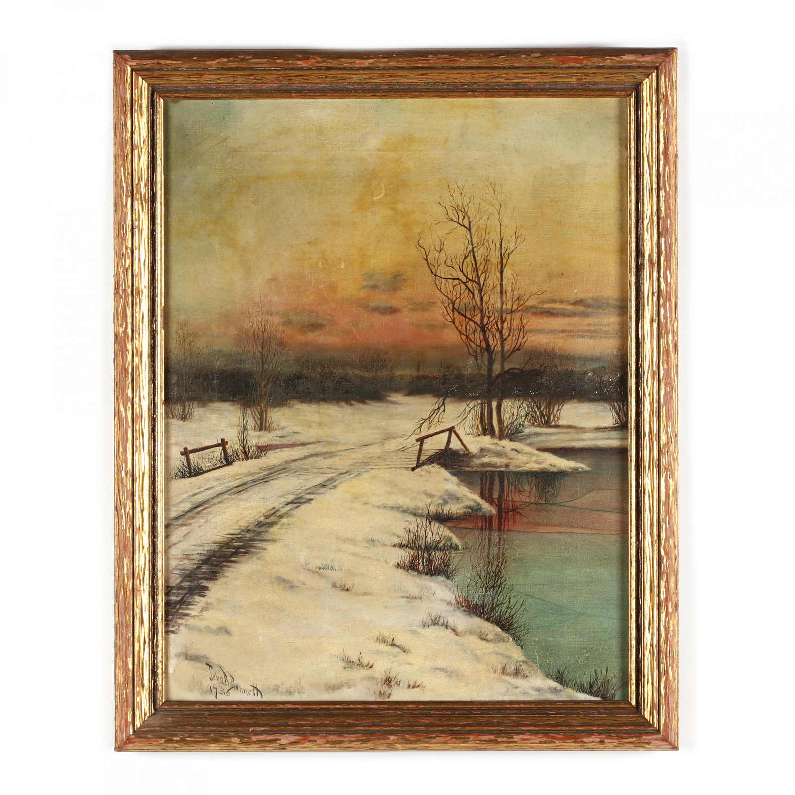 John R. Bennett (1919-1997), Winter Landscape: John R. Bennett (1919-1997), Winter Landscapeoil on canvas, signed and dated 1936 at lower left, presented in a period gilt frame. DOA 21 x 16.5 in. Additional high-resolution photos are available at