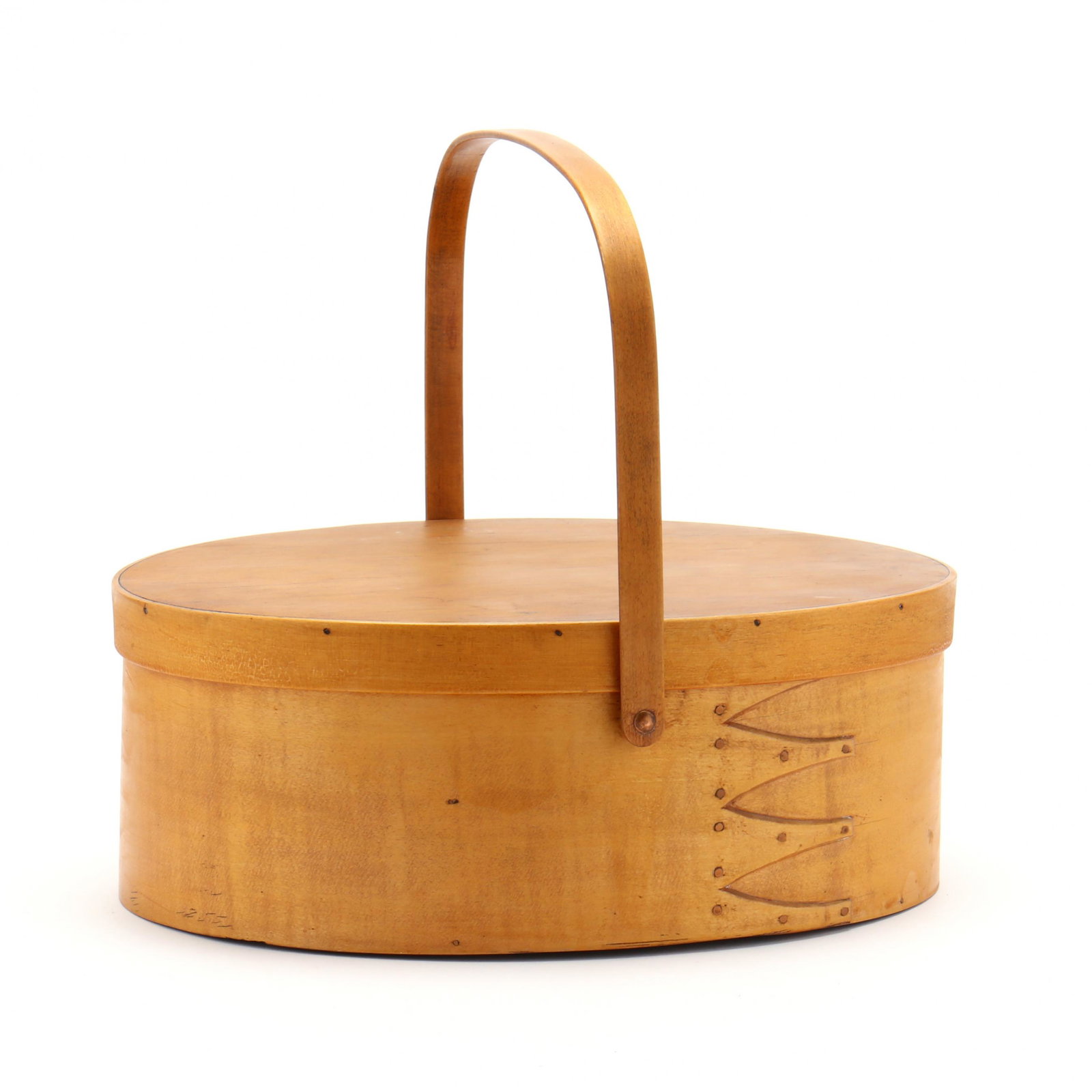 A Shaker Style Pantry Box: A Shaker Style Pantry Box pine and maple bentwood construction with lap joined copper fasteners, swing handle. Hoa 12 in. x 14 x 10.25 in. From the Collection of Mr. and Mrs. Allan Beaver, New York, N