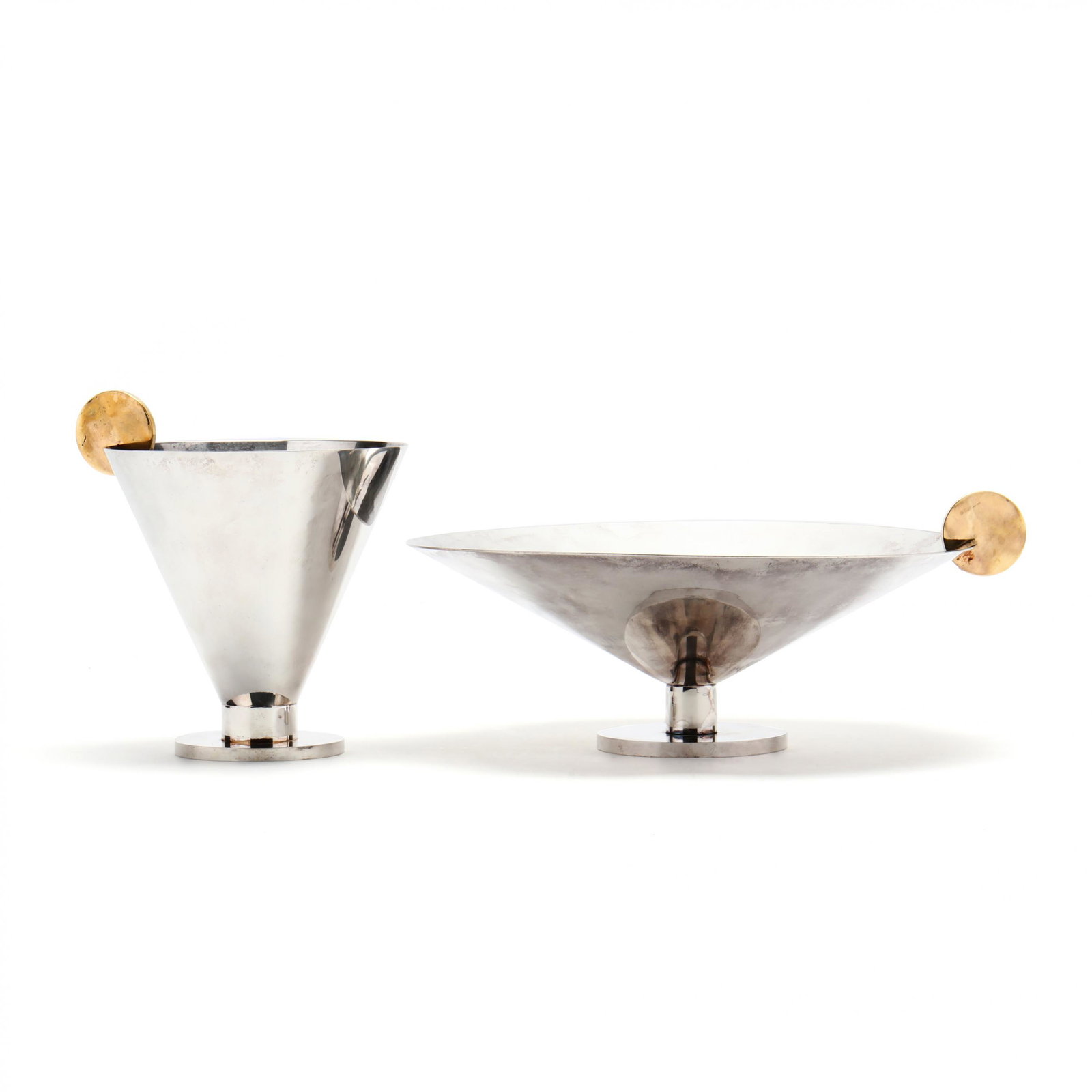 Ambrogio Pozzi, Two Modernist Silverplate Martini: Ambrogio Pozzi, Two Modernist Silverplate Martini Accessories1950s, for Padova, Argenti silverplate and vermeil, including a wide-rimmed low bowl and conical basket/vase, marked. Bowl 4.5 x 11.75 in.