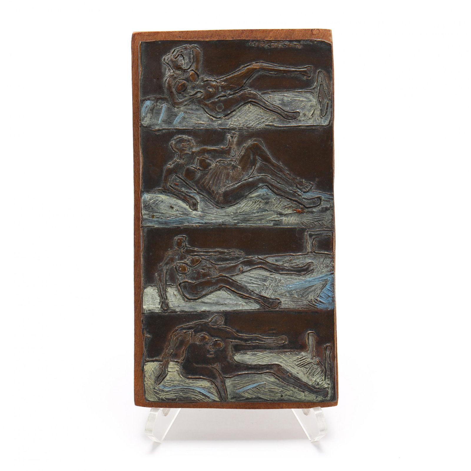 Mid-Century Bronze Plaque of a Reclining Nude: Mid-Century Bronze Plaque of a Reclining Nude 1960s, rectangular panel in bas relief showing four scenes of a nude in bed, illegible signed in the casting, mounted to a wood board. DOA 9.25 x 5 in. Ad