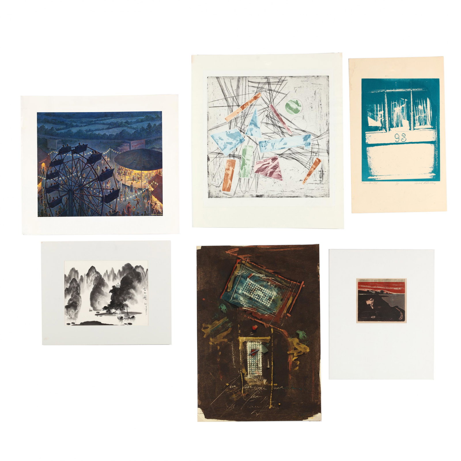 Group of Six Assorted Unframed Prints: Group of Six Assorted Unframed Prints the first: Eric Finley (1930-1996), Euphoria I, etching and aquatint, pencil signed, titled, and numbered lower margin; the second: Howard Lieberman's Number 93, 
