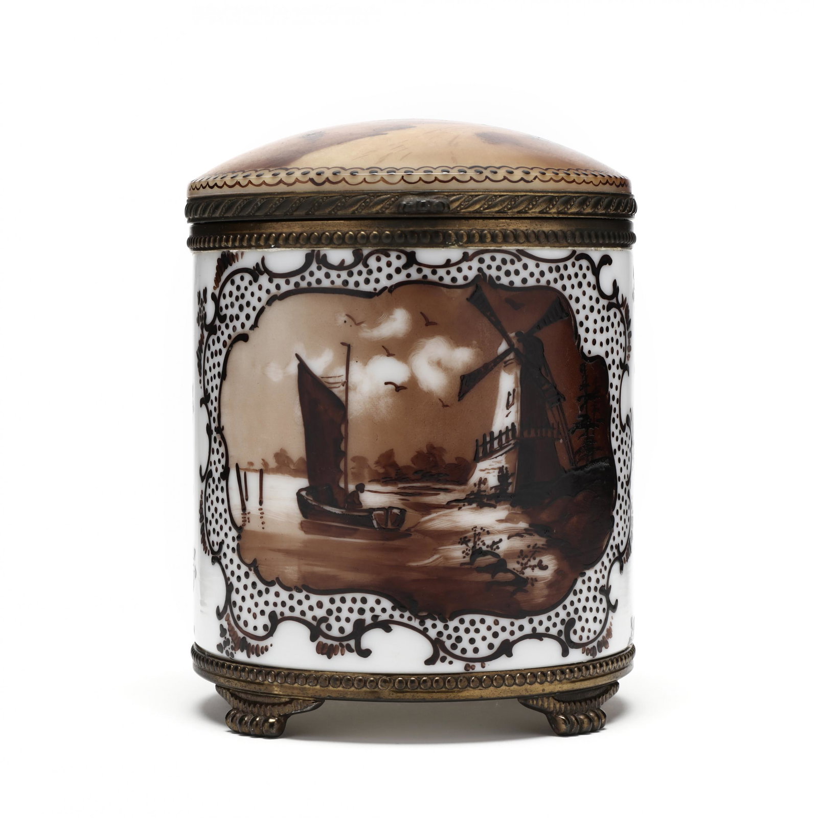 Pairpoint, Painted and Lidded Glass Tobacco Humidor: Pairpoint, Painted and Lidded Glass Tobacco Humidor circa 1900, New York, milk glass with painted Continental harbor scene, gilt metal mounts, marked Pairpoint, the glass is marked Van Dyck, hinged li