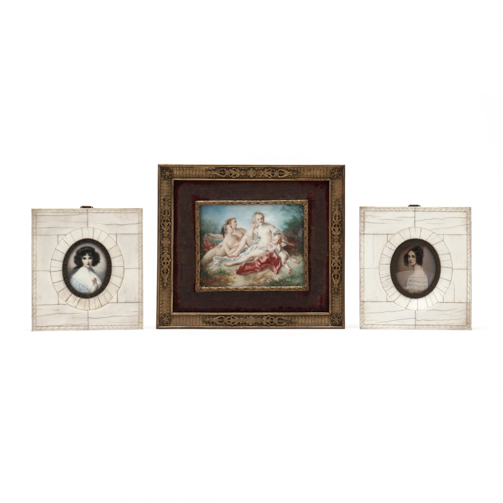Three Antique Miniature Paintings and Portraits: Three Antique Miniature Paintings and Portraits the first after Francois Boucher's The Toilette of Venus from 1749, painted circa 1900, oil on , unsigned, presented under glass in a period gilt ormolu